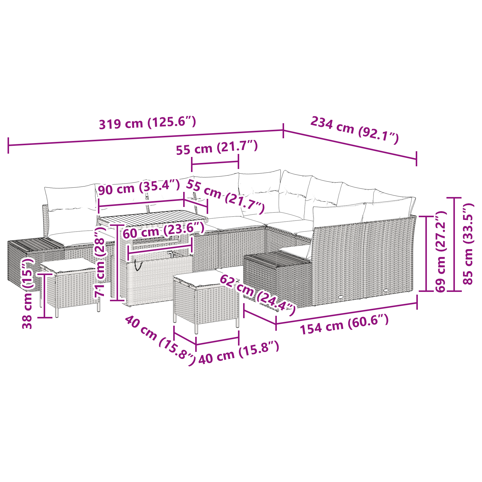 12 частен градински диван комплект с възглавници Бежов Полиратан Акация - Image 10
