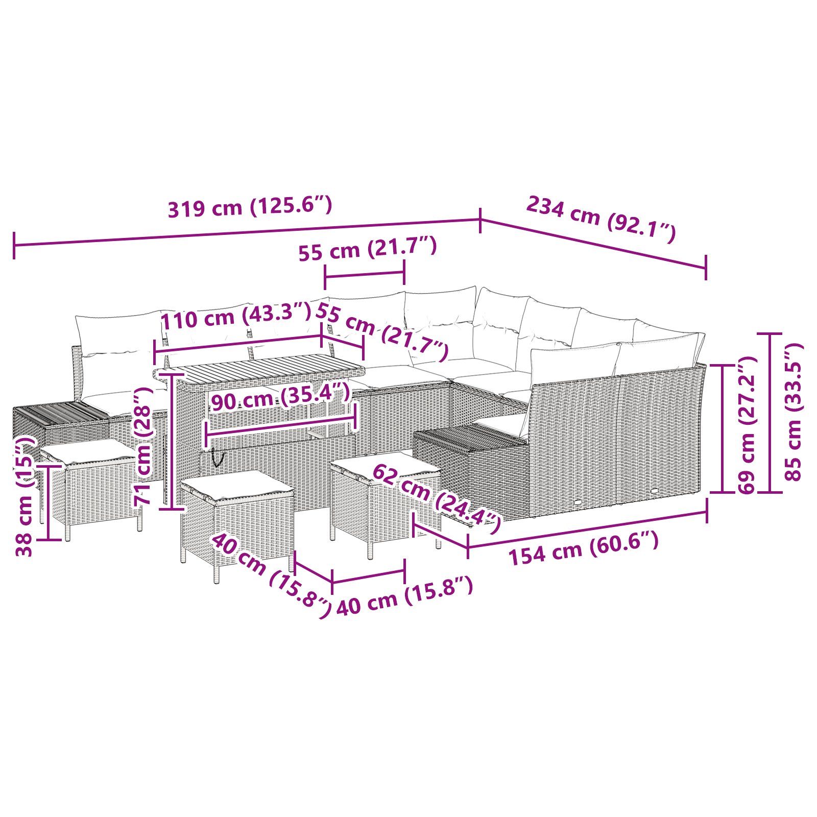 Комплект градински диван с 13 части и възглавници в бежов полиратан и акация - Image 10