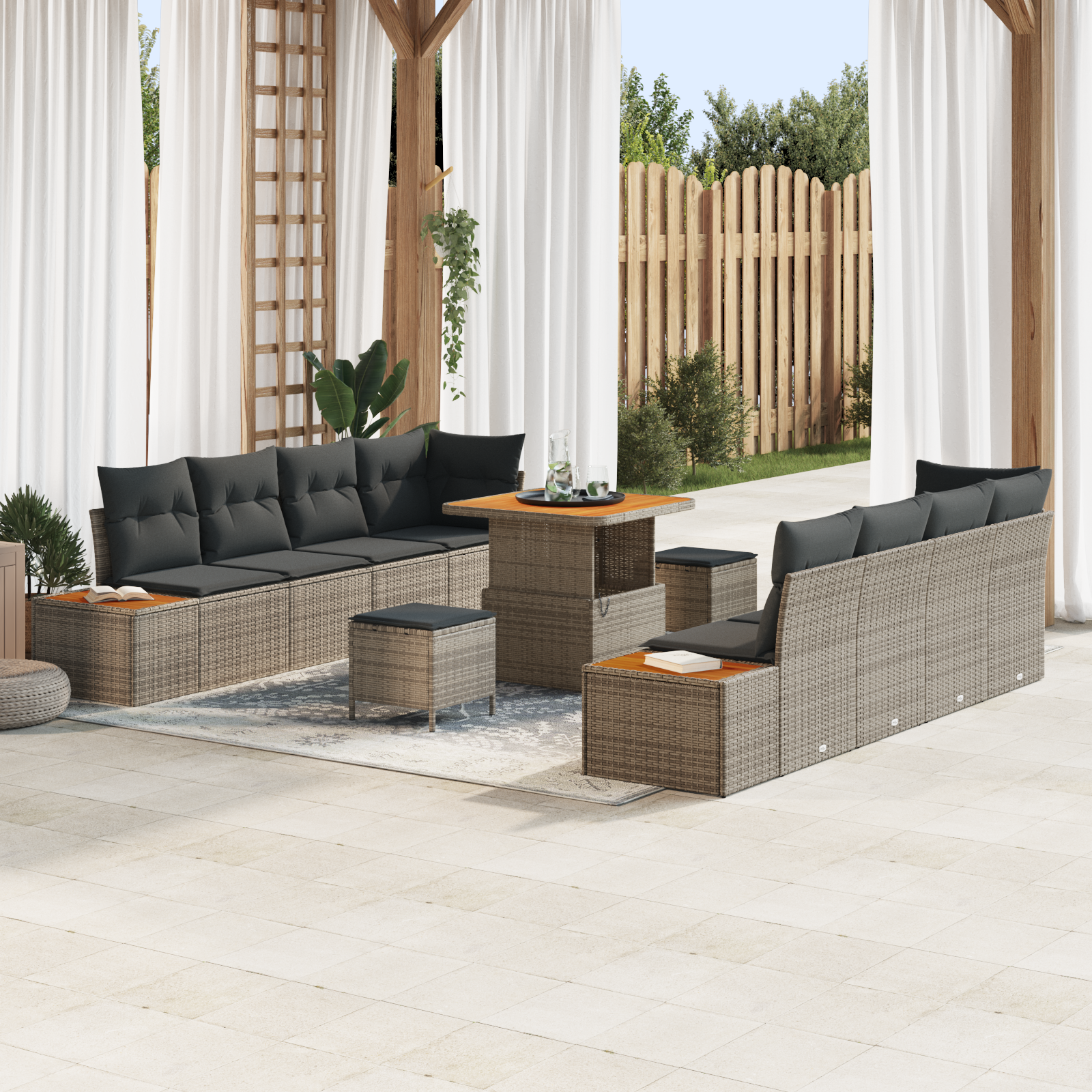 Set Divano da Giardino da 11 Pezzi con Cuscini Grigio Polyrattan Acacia