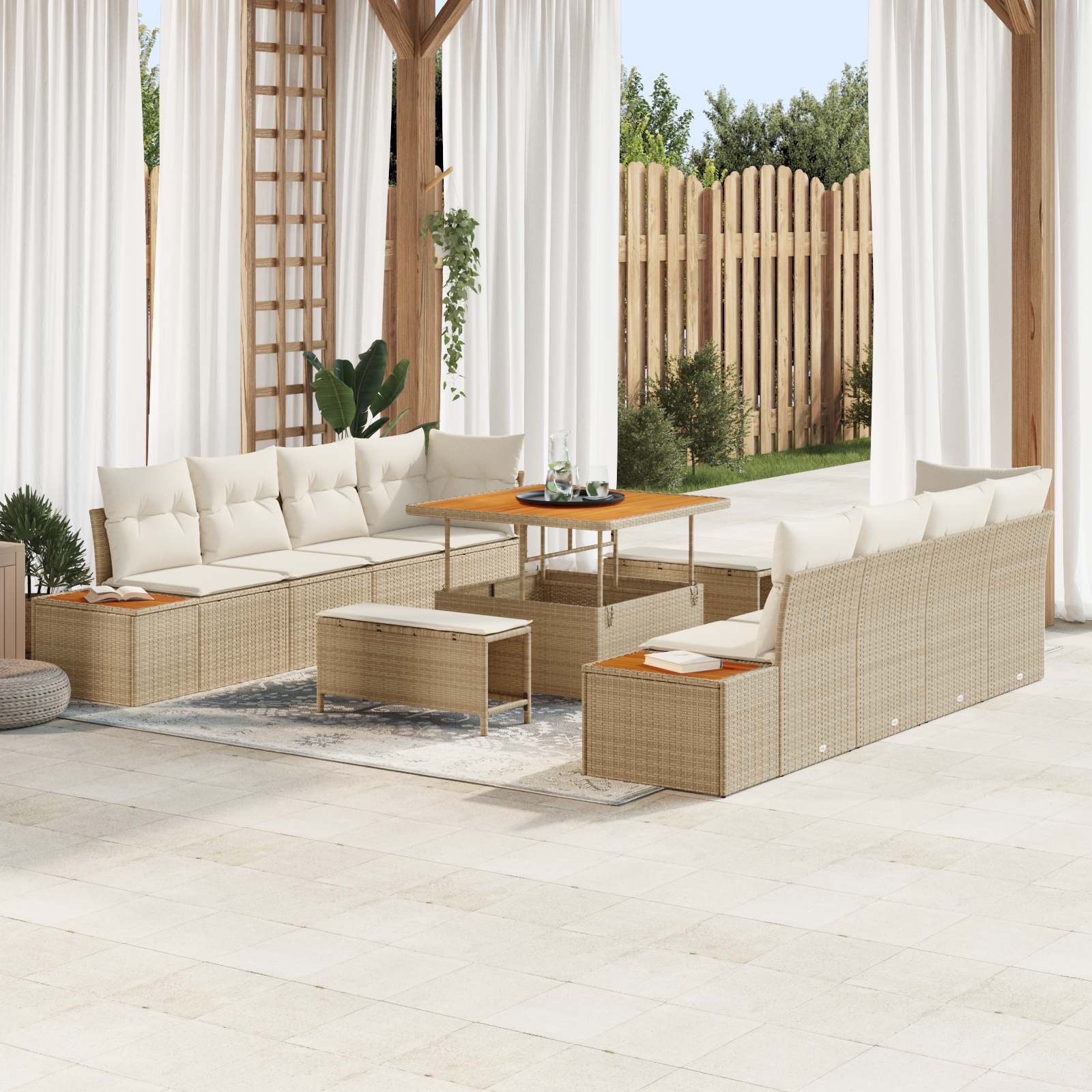 Set di Divani da Giardino da 11 Pezzi con Cuscini Beige Polyrattan Acacia 3362896