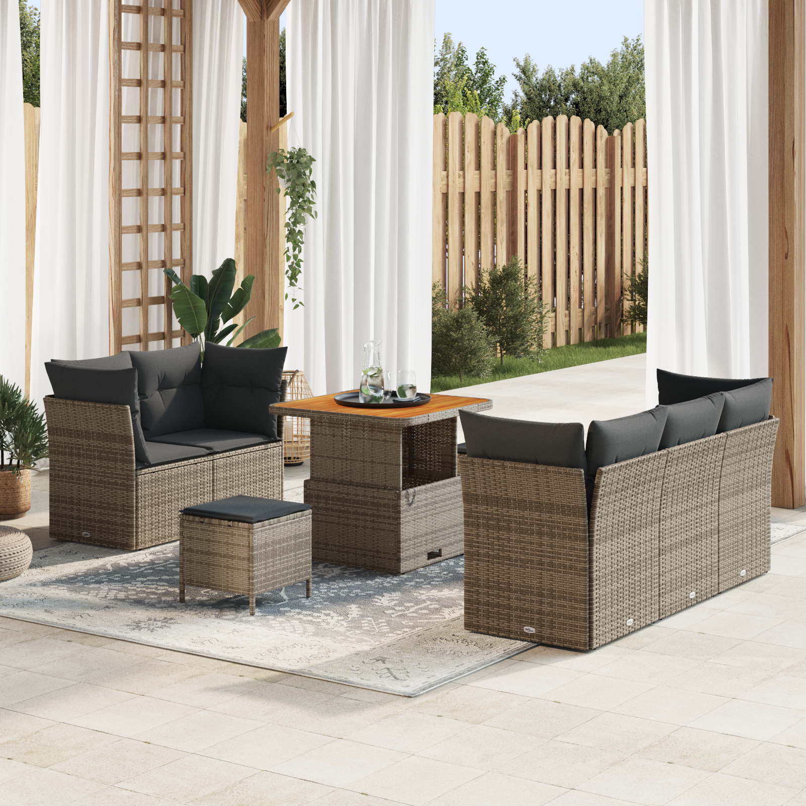 Set Divano da Giardino 8 Pezzi con Cuscini Grigio in Rattan Poly Acacia