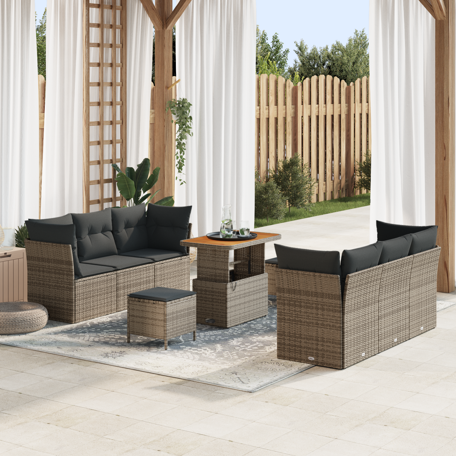 Tuin Sofa Set met kussen 9 pcs Grijs poly rattan - Afbeelding 2