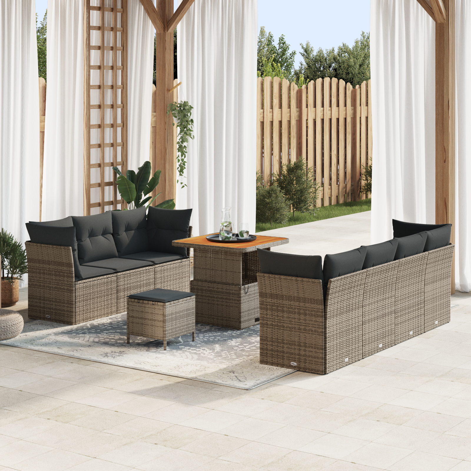 Set divani giardino 10 pezzi con cuscini grigi in polirattan e acacia