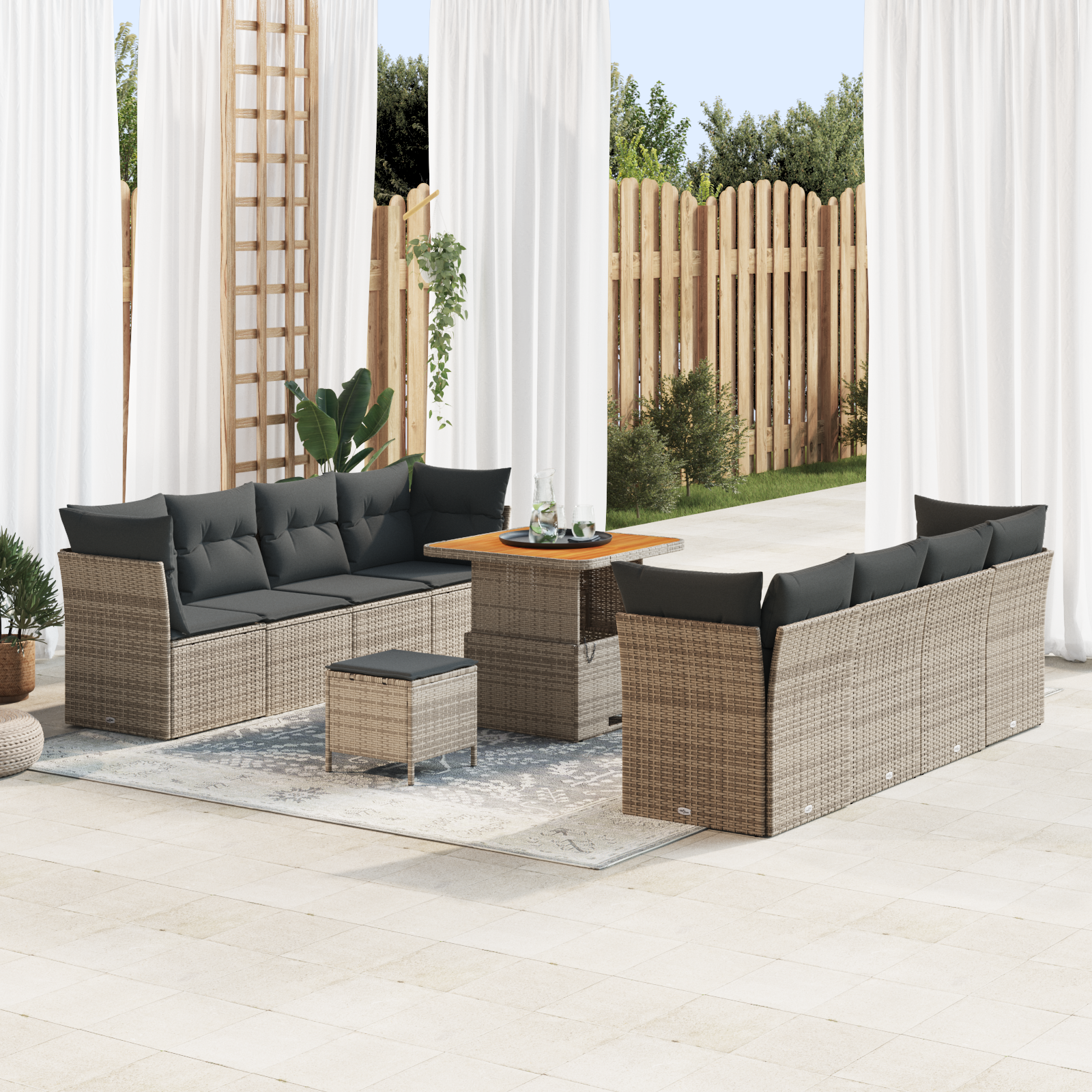 Set divano da giardino da 11 pezzi con cuscini grigio in polyrattan e acacia