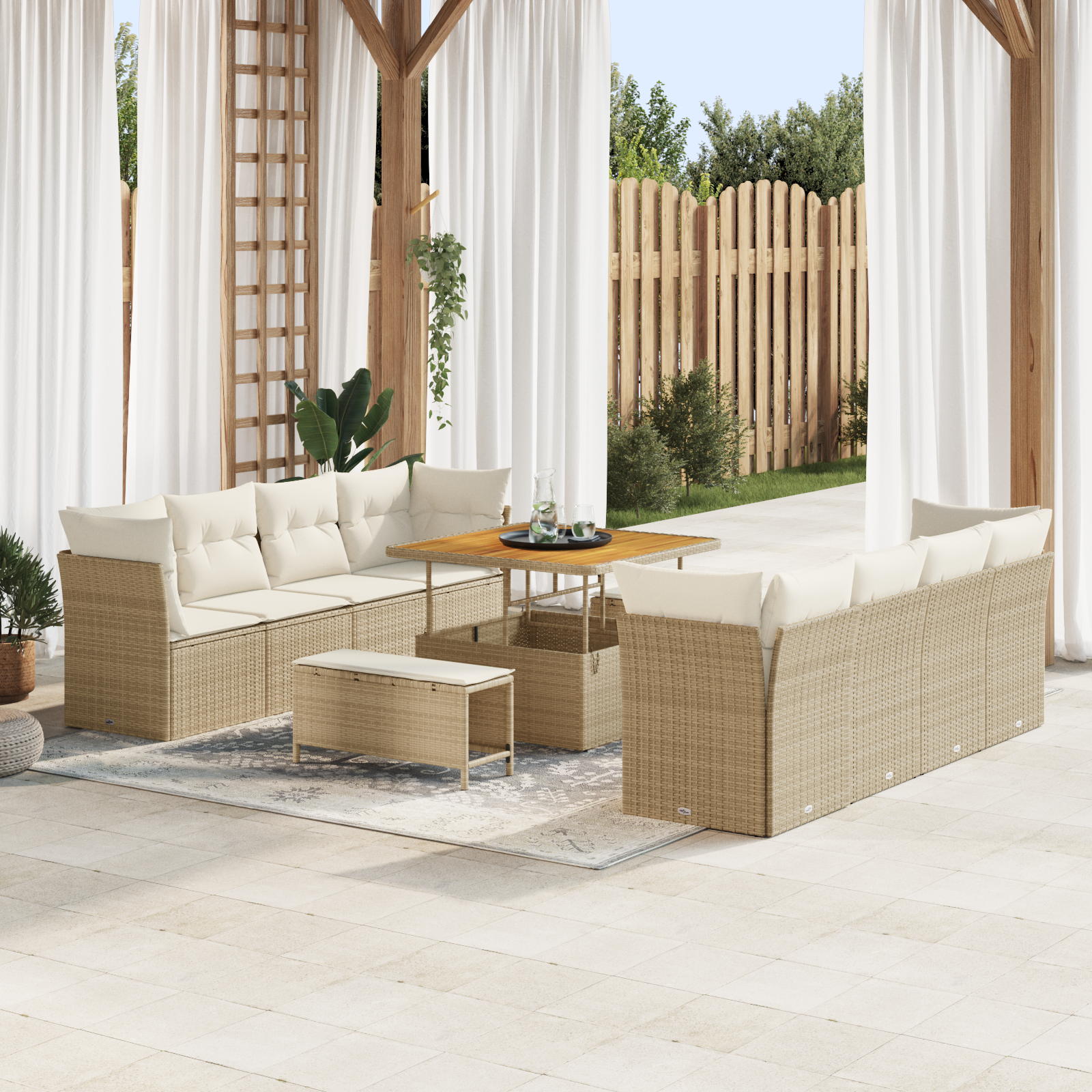 Set Divano Giardino 11 Pezzi con Cuscini Beige in Rattan Poliestere Acacia 3363416