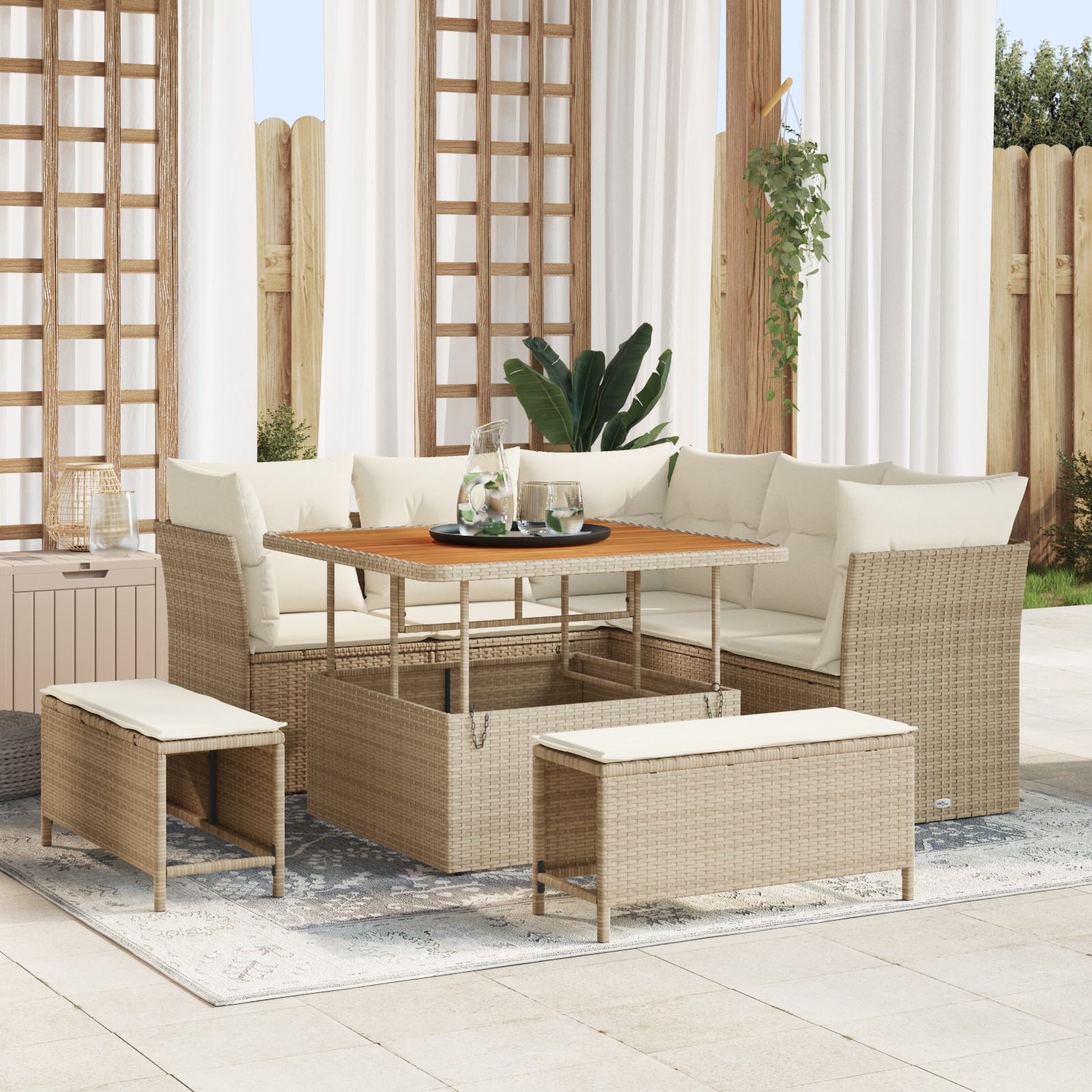 Set di Sofà da Giardino 8 Pezzi con Cuscini Beige Rattan Poly Acacia 3363426