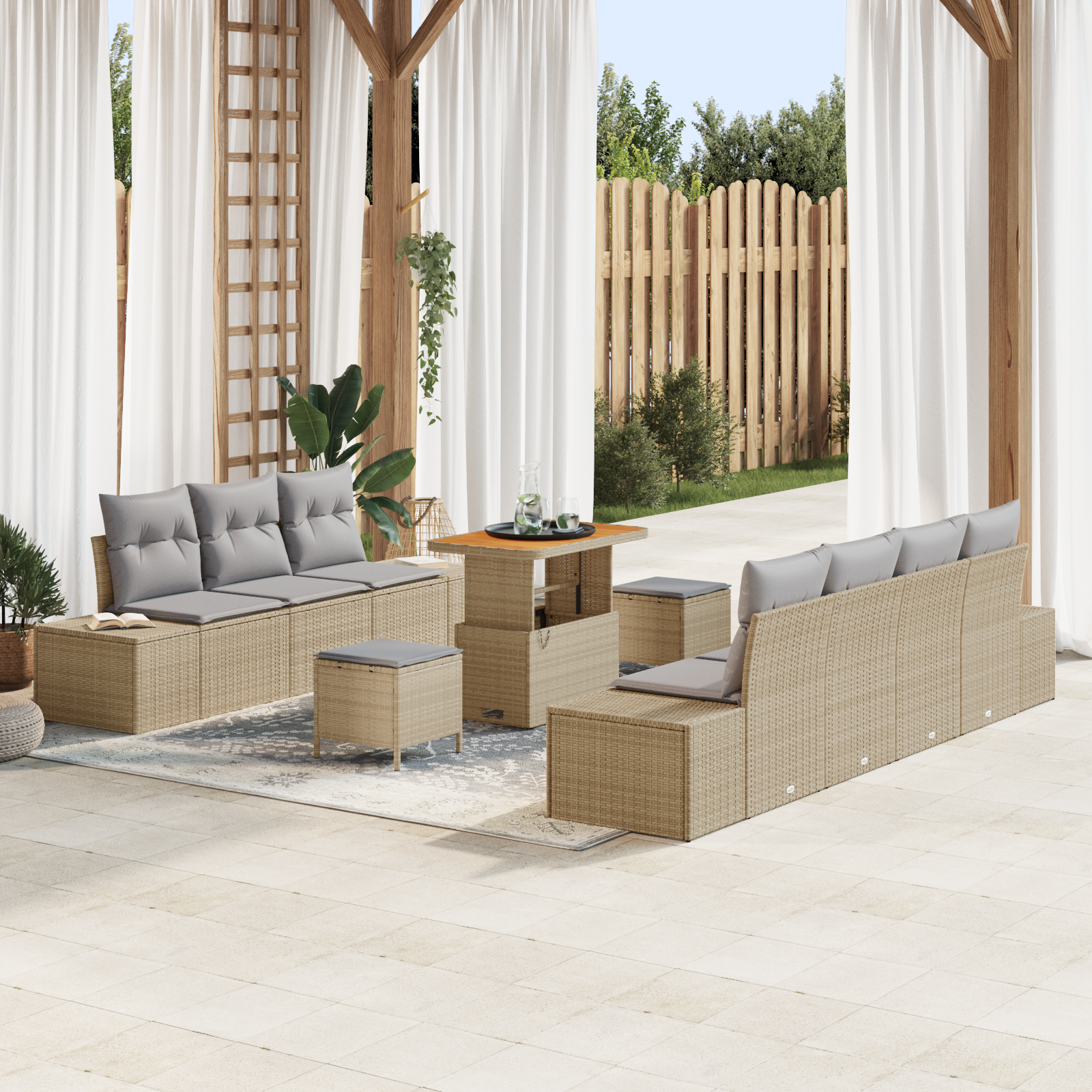 Set di Divano da Giardino da 10 Pezzi con Cuscini Beige in Rattan Sintetico e Acacia 3364702