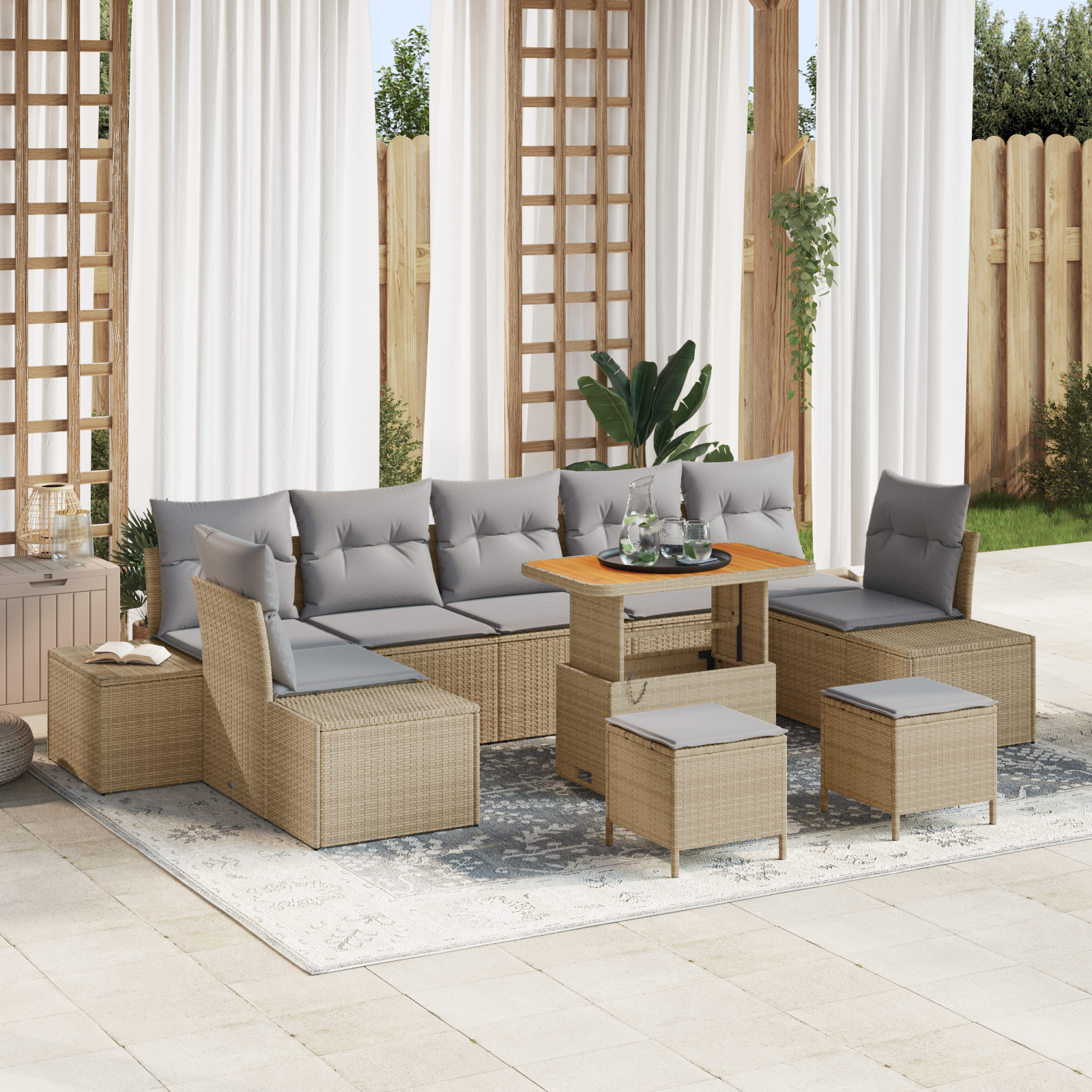 Set di Divani da Giardino 10 Pezzi con Cuscini Beige Rattan Acacia 3364722