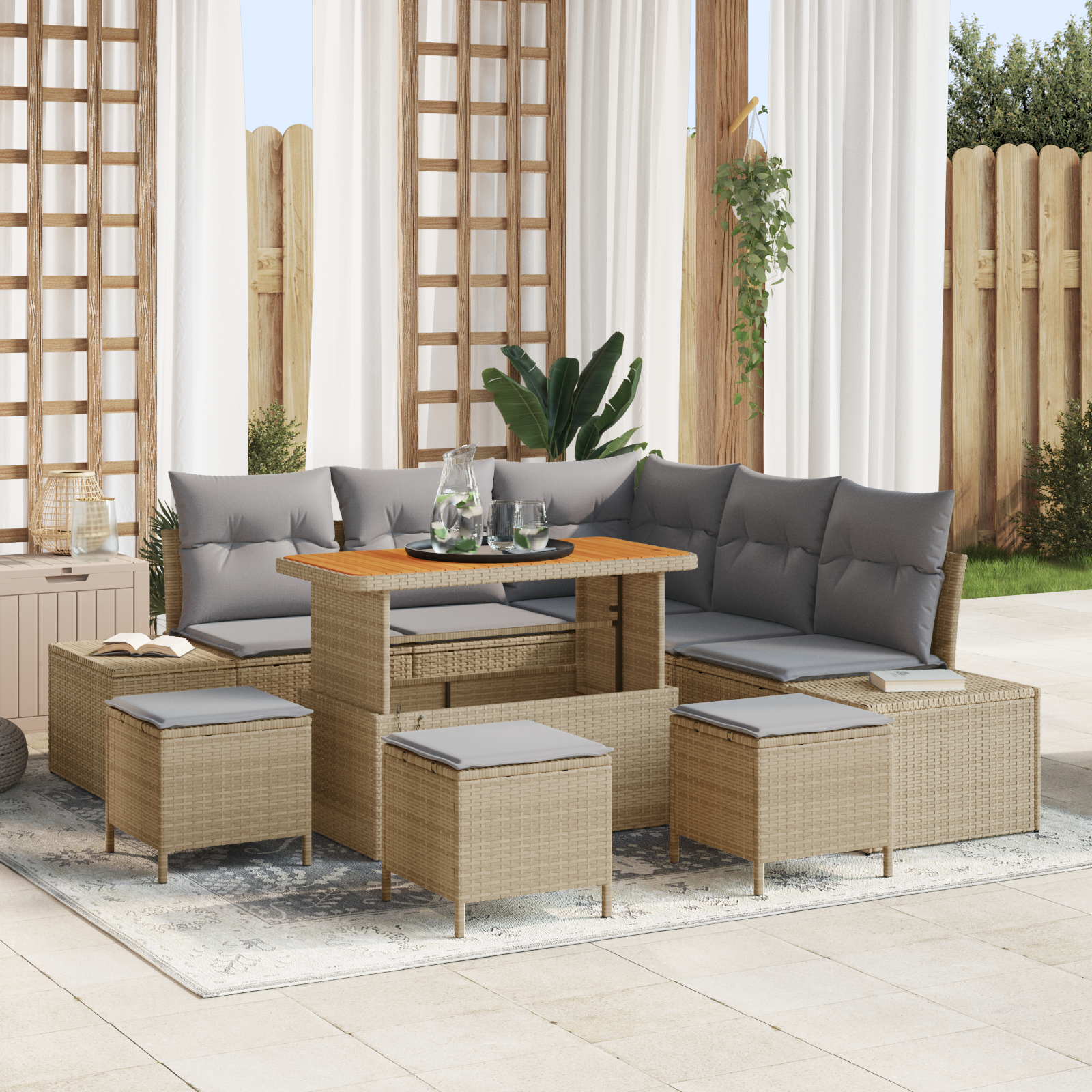 Set di Divano da Giardino 9 Pezzi con Cuscini Beige Rattan Polipropilene 3364742