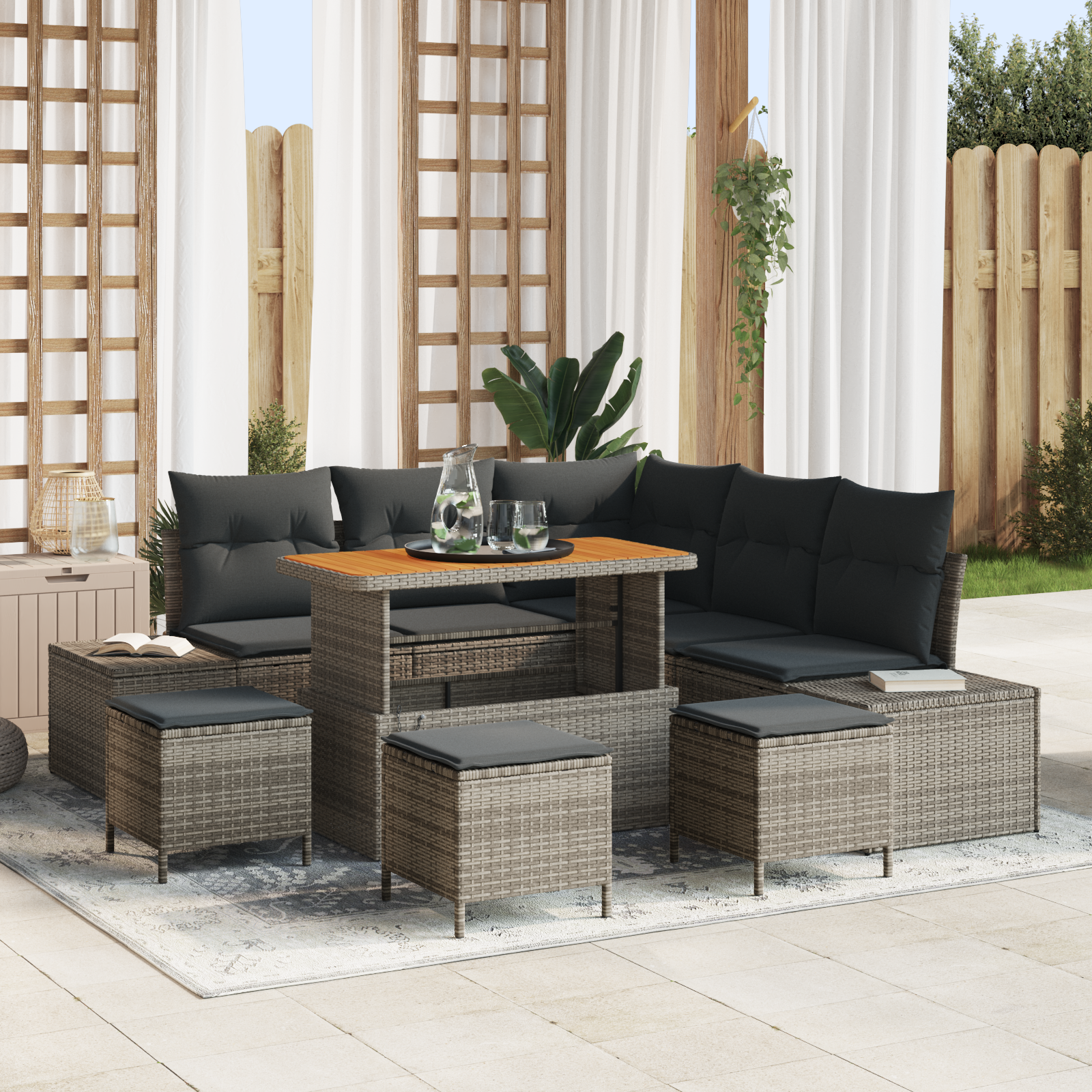 Set di Divani da Giardino 9 Pezzi con Cuscini Grigio Polirattan Acacia 3364743