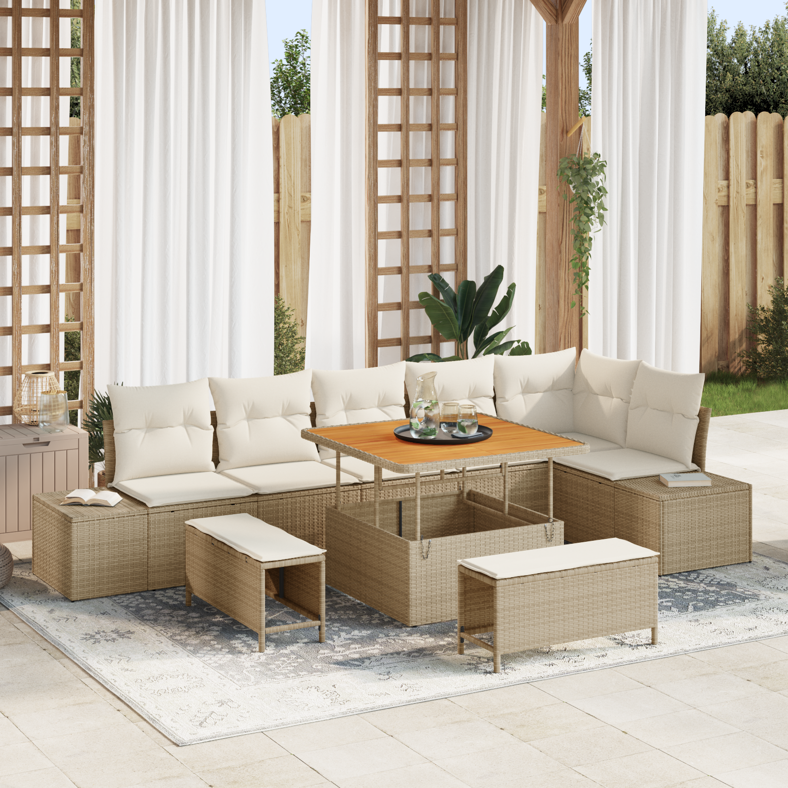 Set Divano da Giardino 9 Pezzi con Cuscini in Polyrattan Beige Acacia 3364746