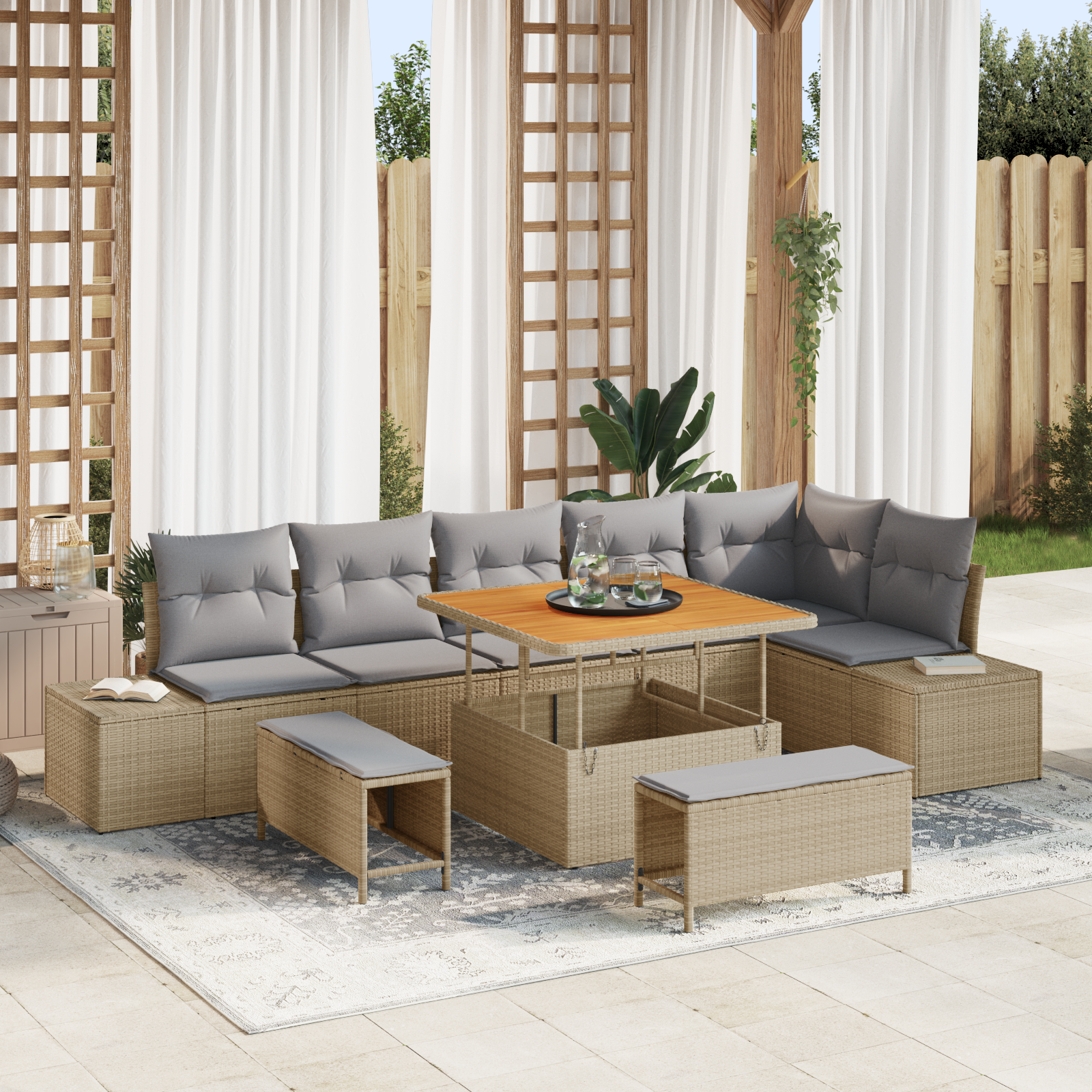 Set Divano da Giardino a 9 Pezzi con Cuscini Beige Rattan Policomposito 3364747
