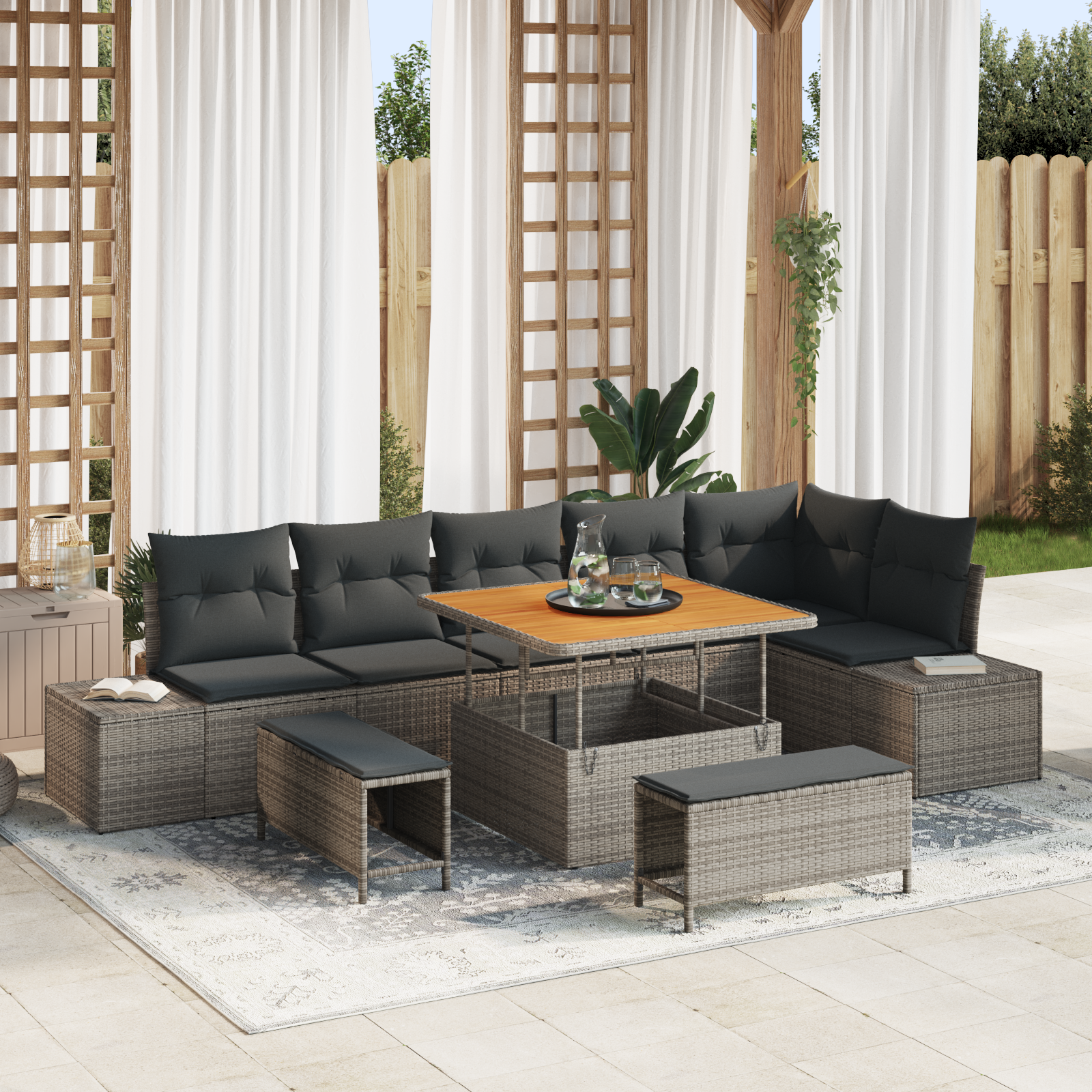 Set divano da giardino 9 pezzi con cuscini in polyrattan grigio e acacia 3364748