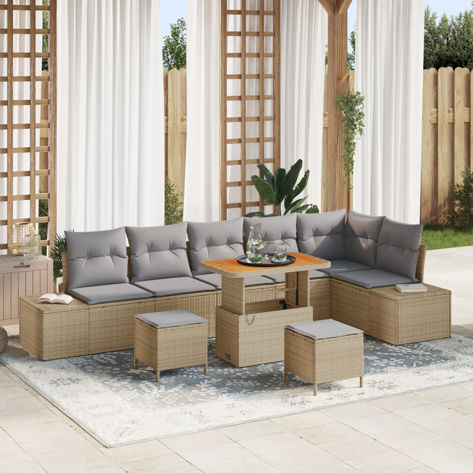 Set divano da giardino 9 pezzi con cuscini Beige Rattan Acacia 3364757