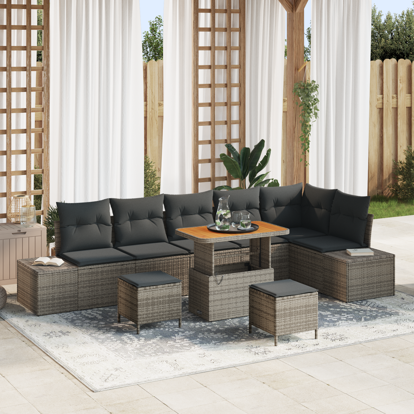 Set di Divano da Giardino 9 Pezzi con Cuscini Grigio Polyrattan Acacia 3364758