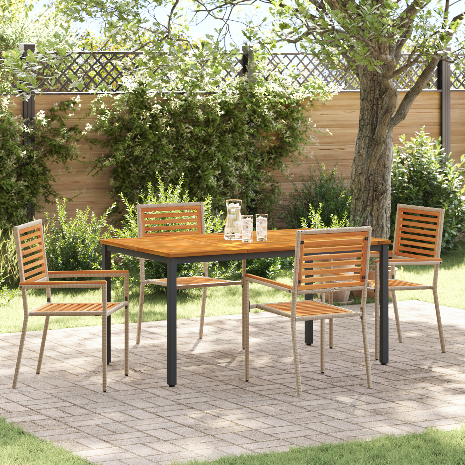 5 Piece Garden Dining Set Beige Poly Rattan Acacia