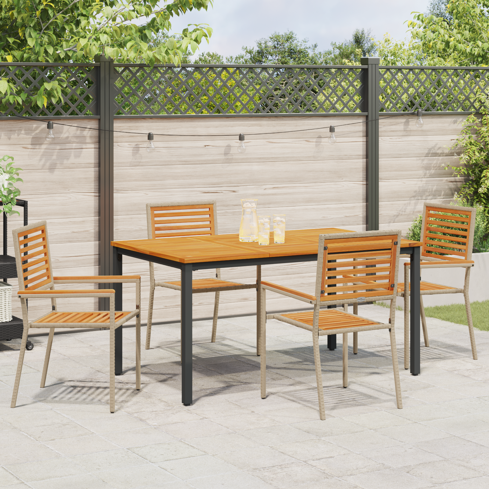 5 Piece Garden Dining Set Beige Poly Rattan Acacia - Image 4