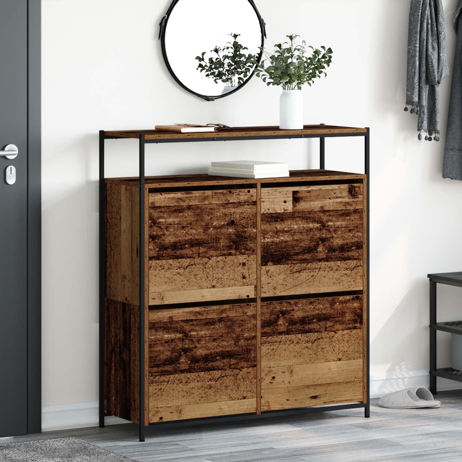 Schoenenkast met 4 flip-lades Oude Hout 100x34x112 cm