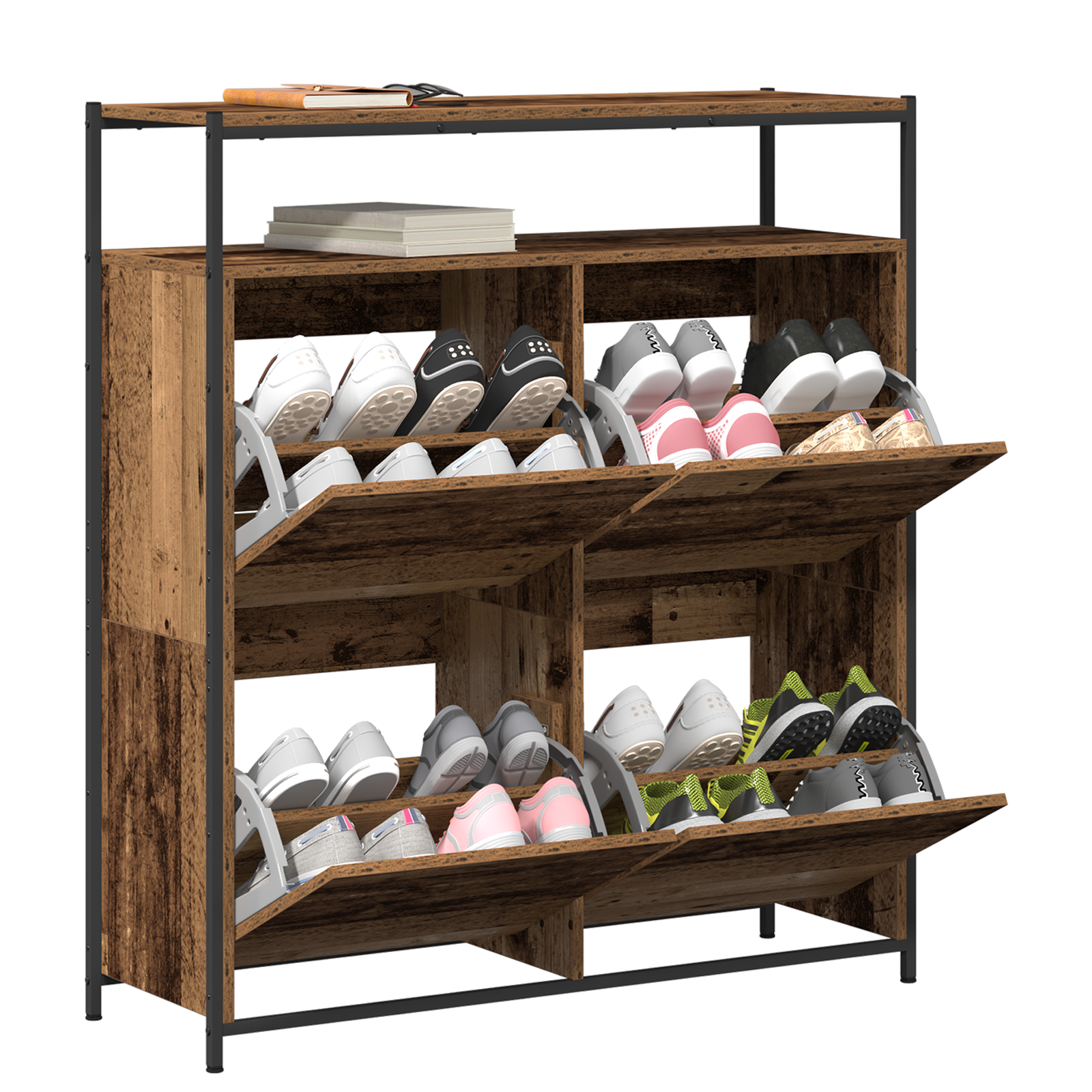 Shoe Cabinet with 4 Flip-Drawers Old Wood 100x34x112 cm - Image 3