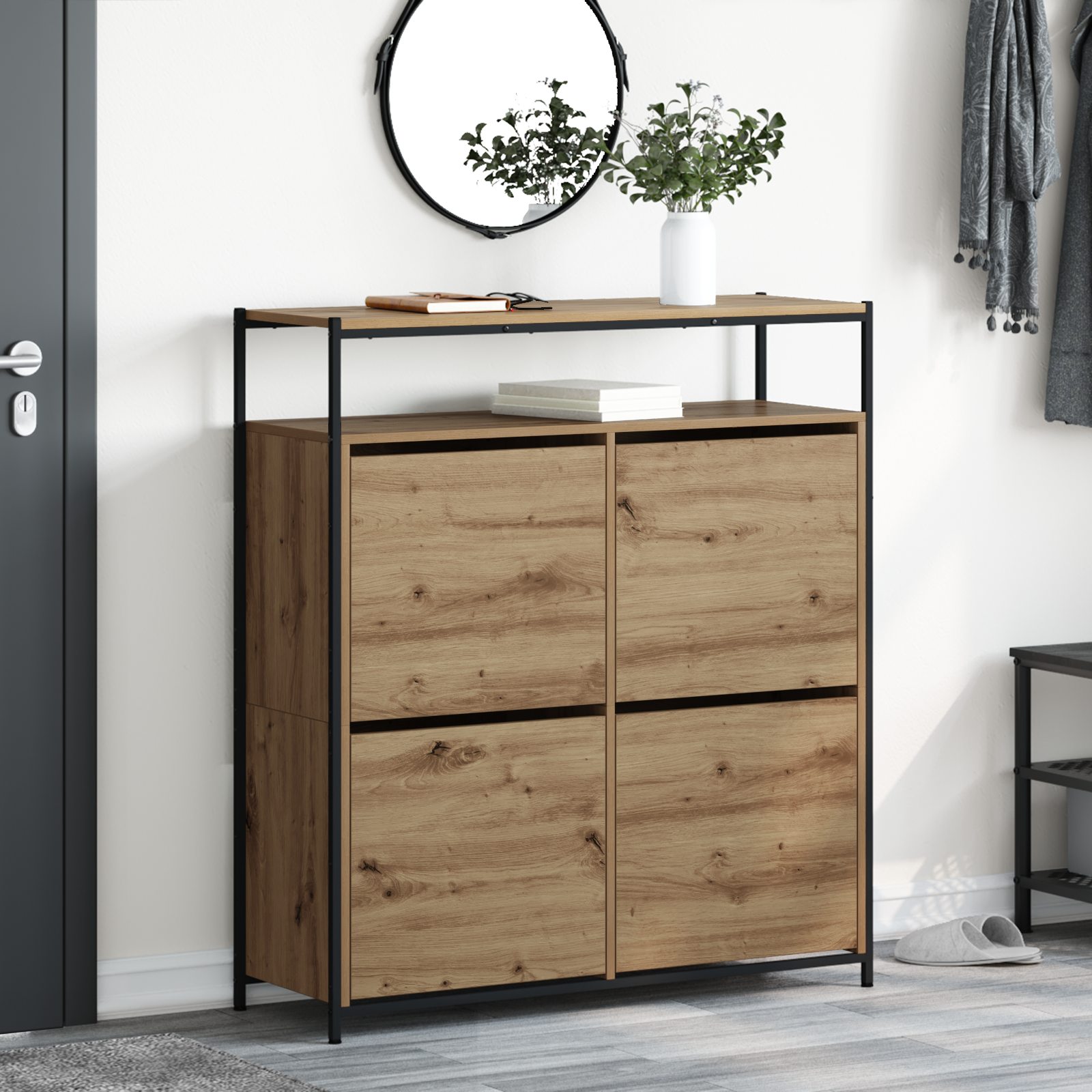 Shoe Cabinet with 4 Flip-Drawers Artisan Oak 100x34x112 cm