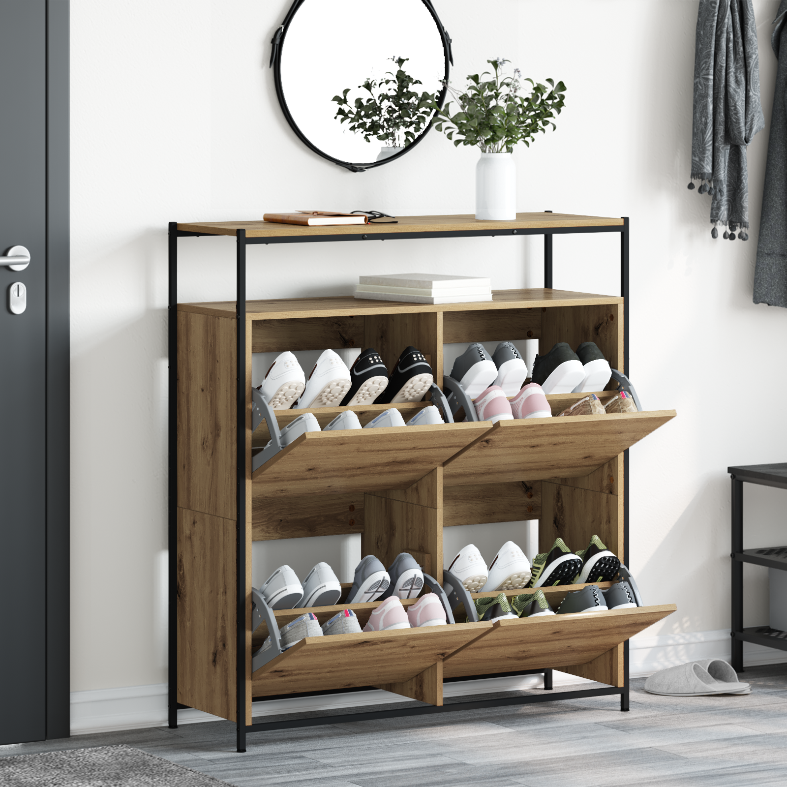 Shoe Cabinet with 4 Flip-Drawers Artisan Oak 100x34x112 cm - Image 4