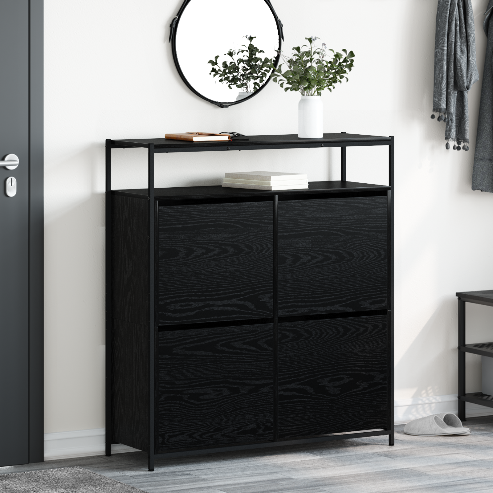 Shoe Cabinet with 4 Flip-Drawers Black Oak 100x34x112 cm