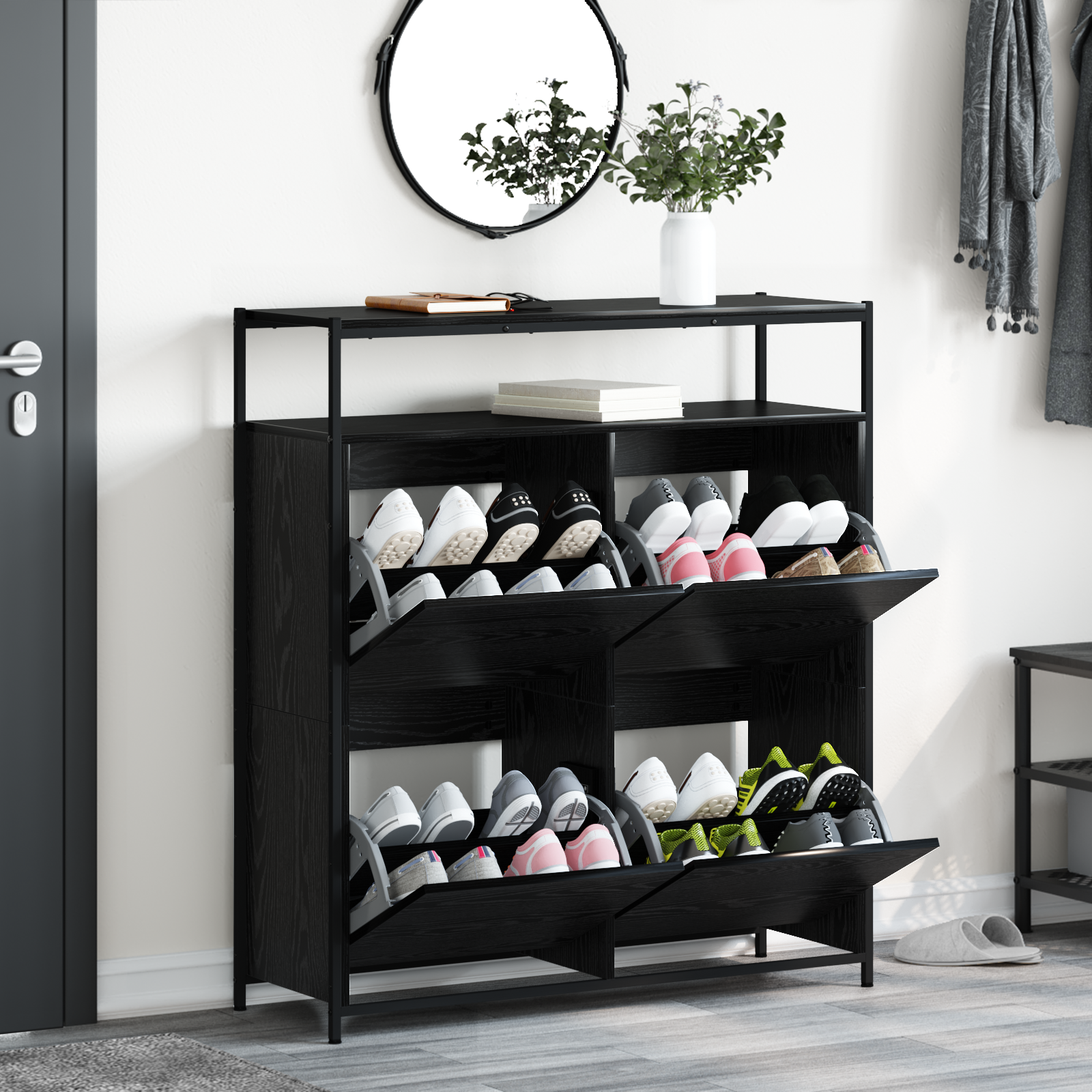 Shoe Cabinet with 4 Flip-Drawers Black Oak 100x34x112 cm - Image 4