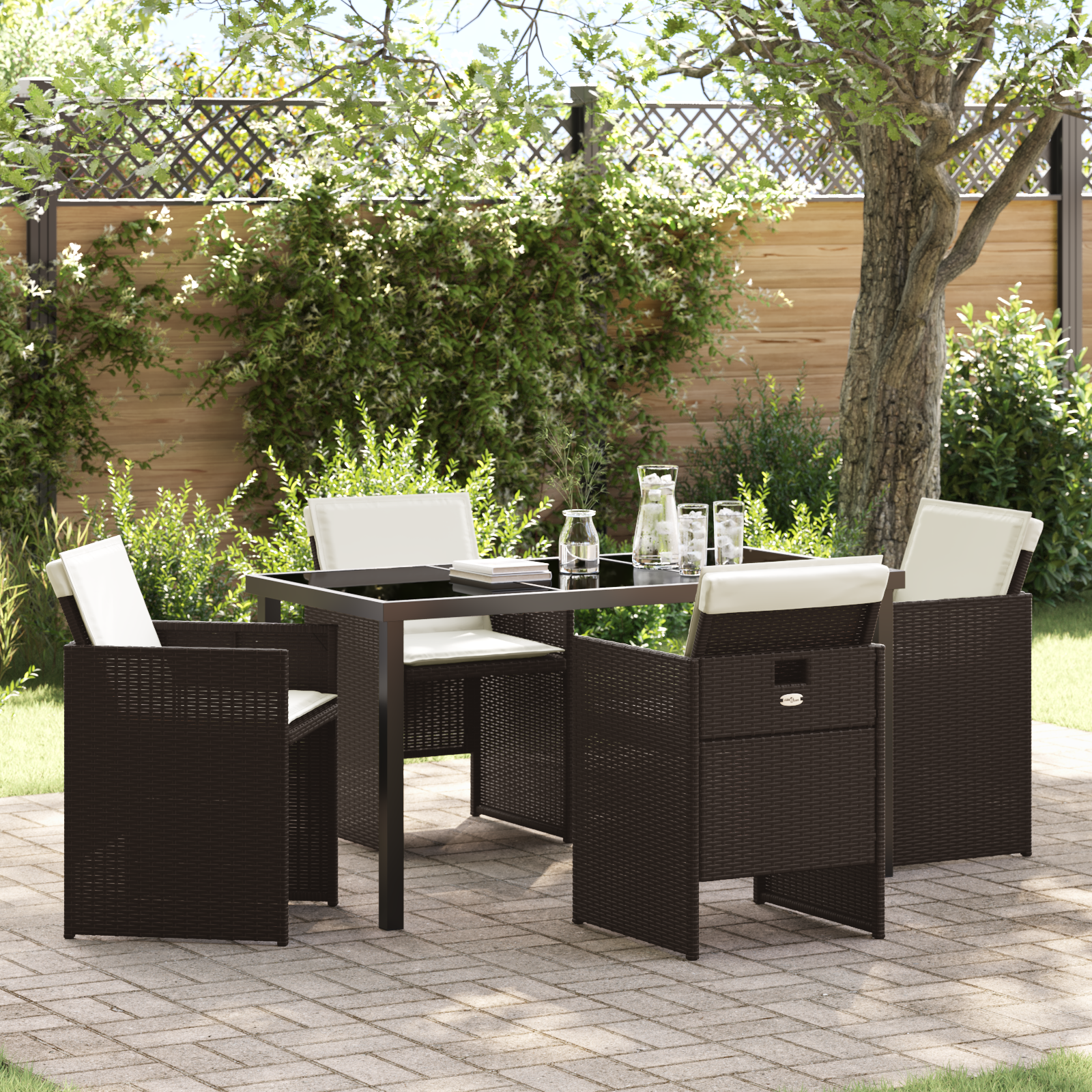 5 Piece Garden Dining Set with Cushions Brown Poly Rattan
