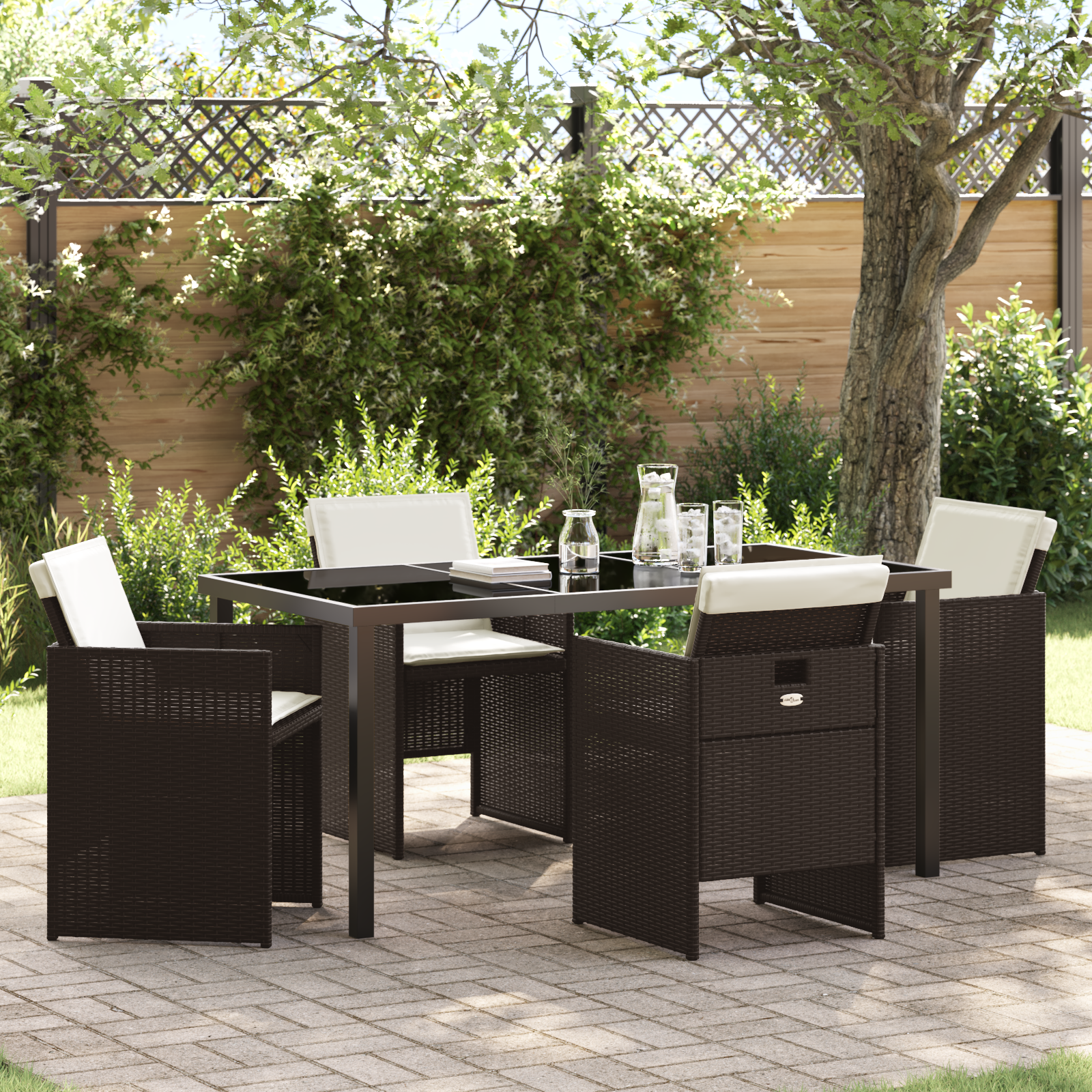 5 Piece Garden Dining Set with Cushions Brown Poly Rattan