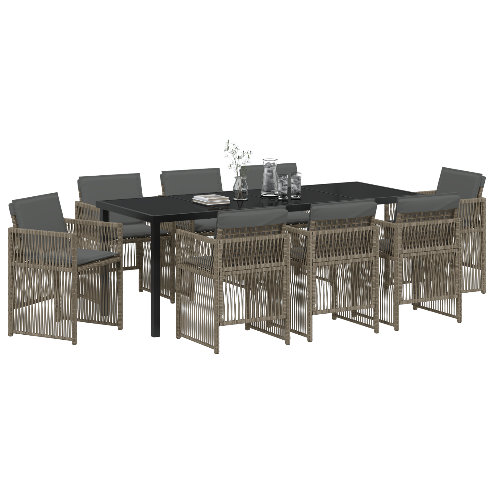 9 Членен градински трапезен комплект с възглавнички сив полирана ратанова - Image 3