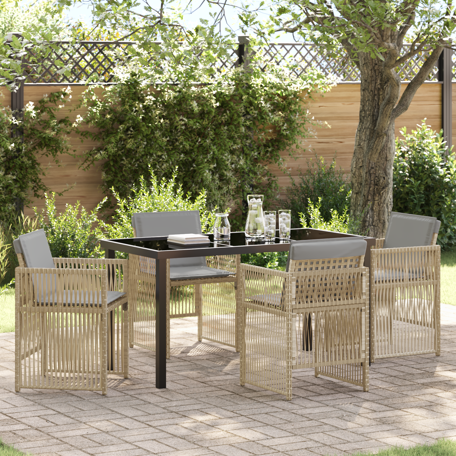 5 Piece Garden Dining Set with Cushions in Beige Poly Rattan