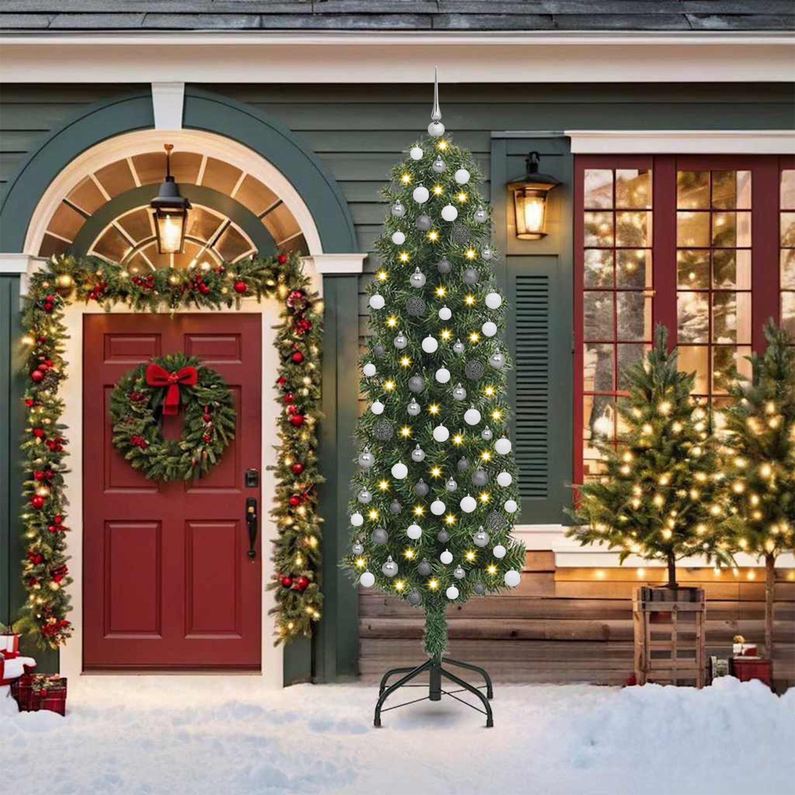 Slim Christmas Tree 300 LEDs & Ball Set Green 210 cm