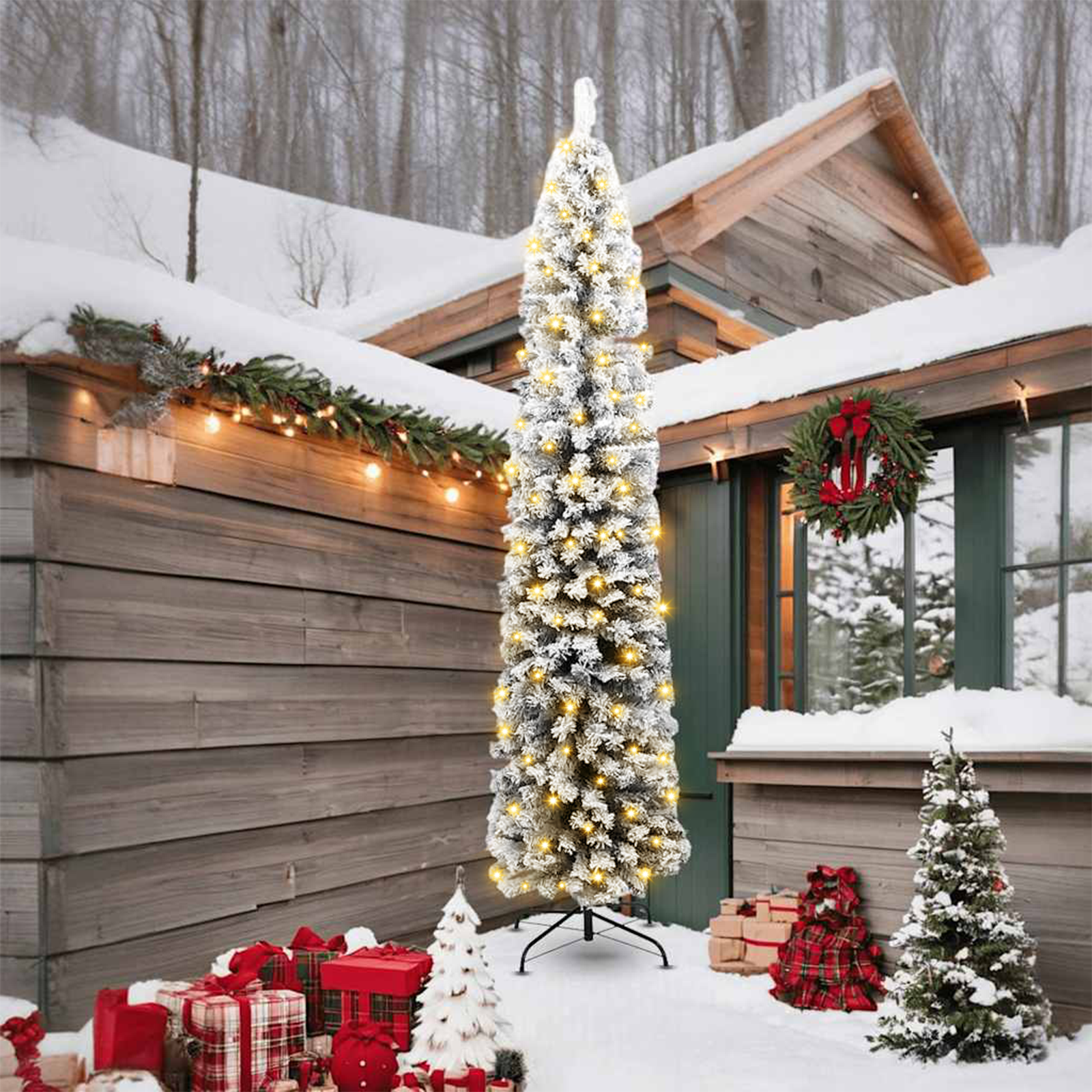 Slim Christmas Tree 300 LEDs & Flocked Snow Green 240 cm