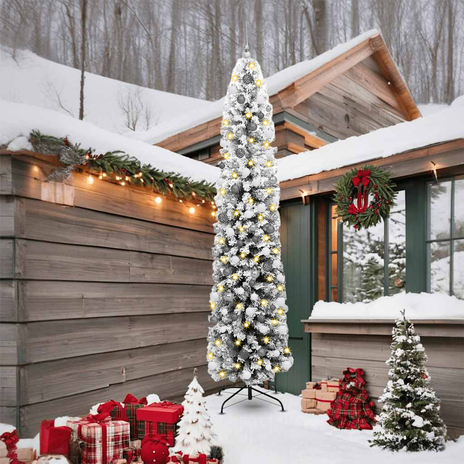 Slim Christmas Tree 300 LEDs & Ball Set & Flocked Snow Green 240 cm