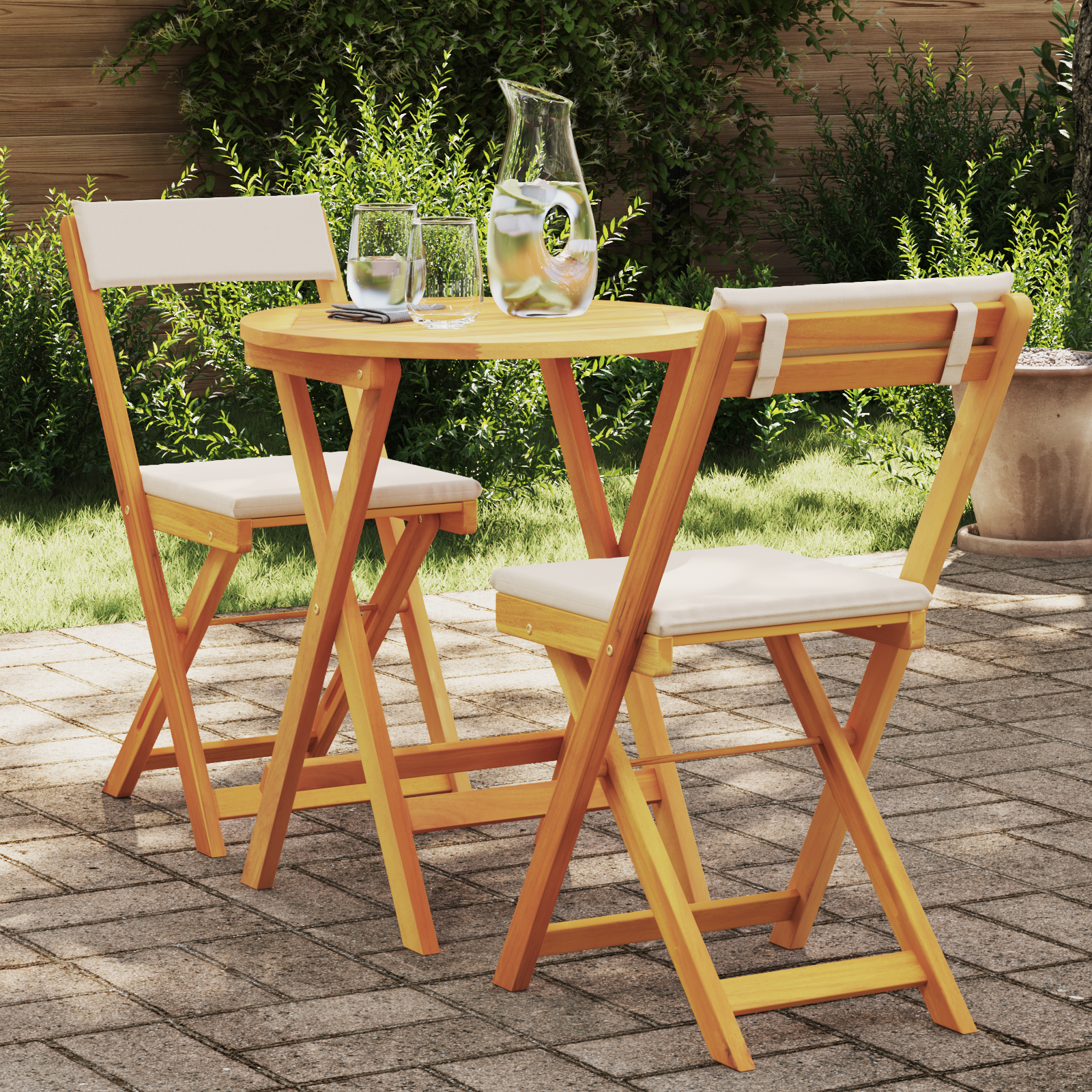 3 Piece Folding Bistro Set with Cushions Solid Wood Acacia