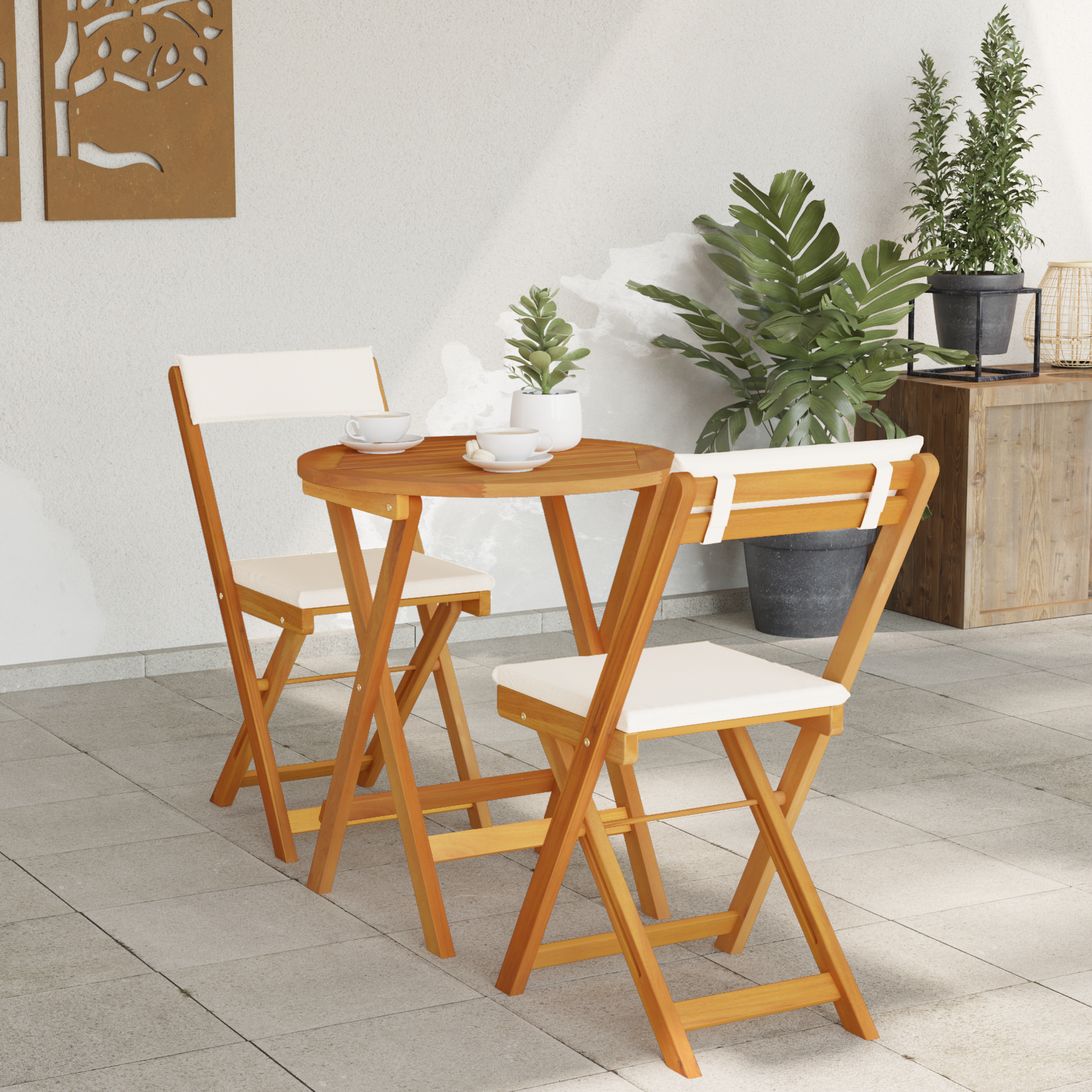 3 Piece Folding Bistro Set with Cushions Solid Wood Acacia - Image 4