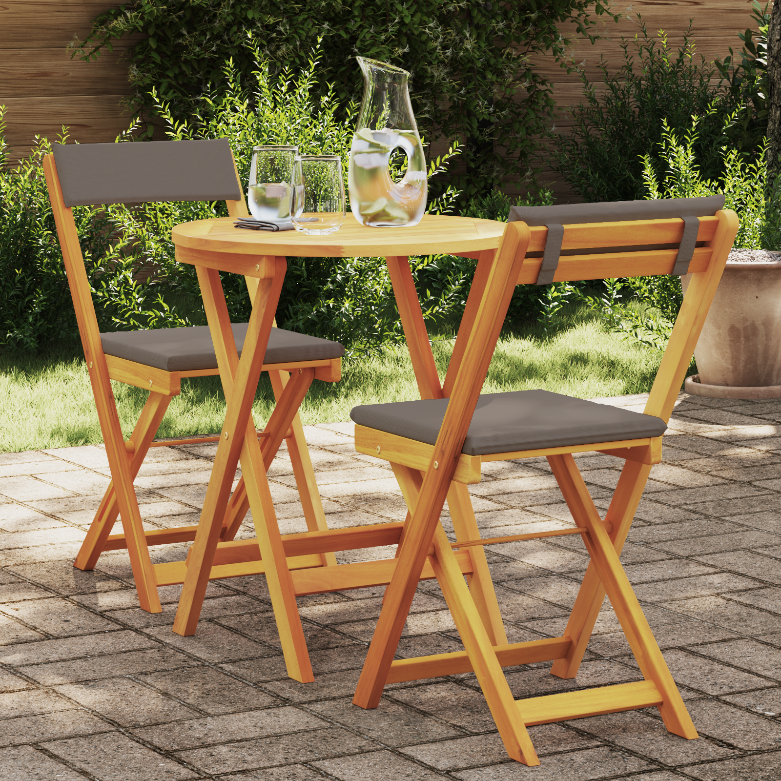 3 Delige Opvouwbare Bistro Set met Kussens Massief Hout Acacia