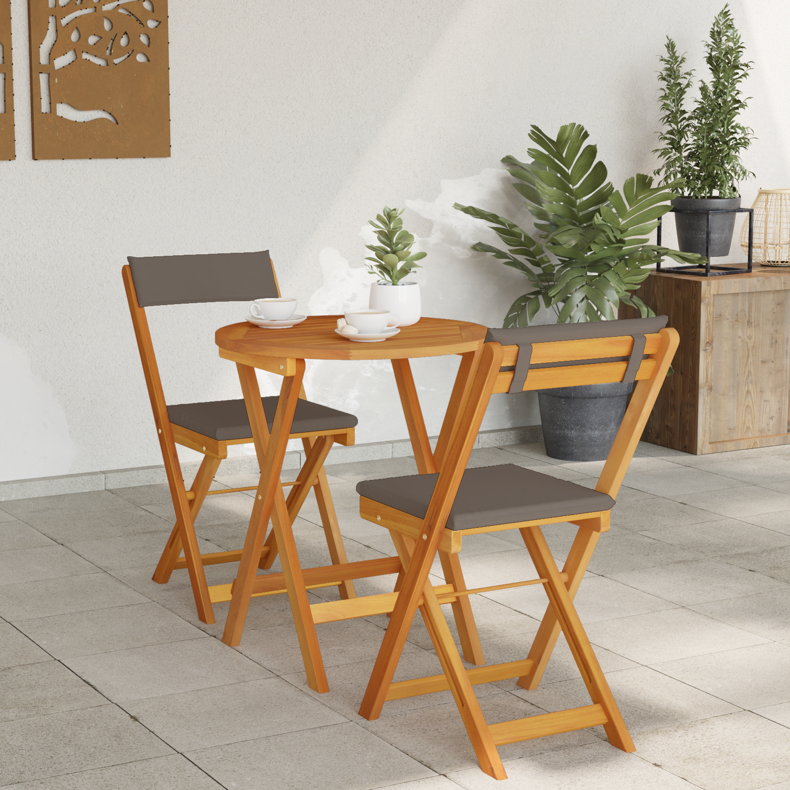 3 Piece Folding Bistro Set with Cushions Solid Wood Acacia - Image 4