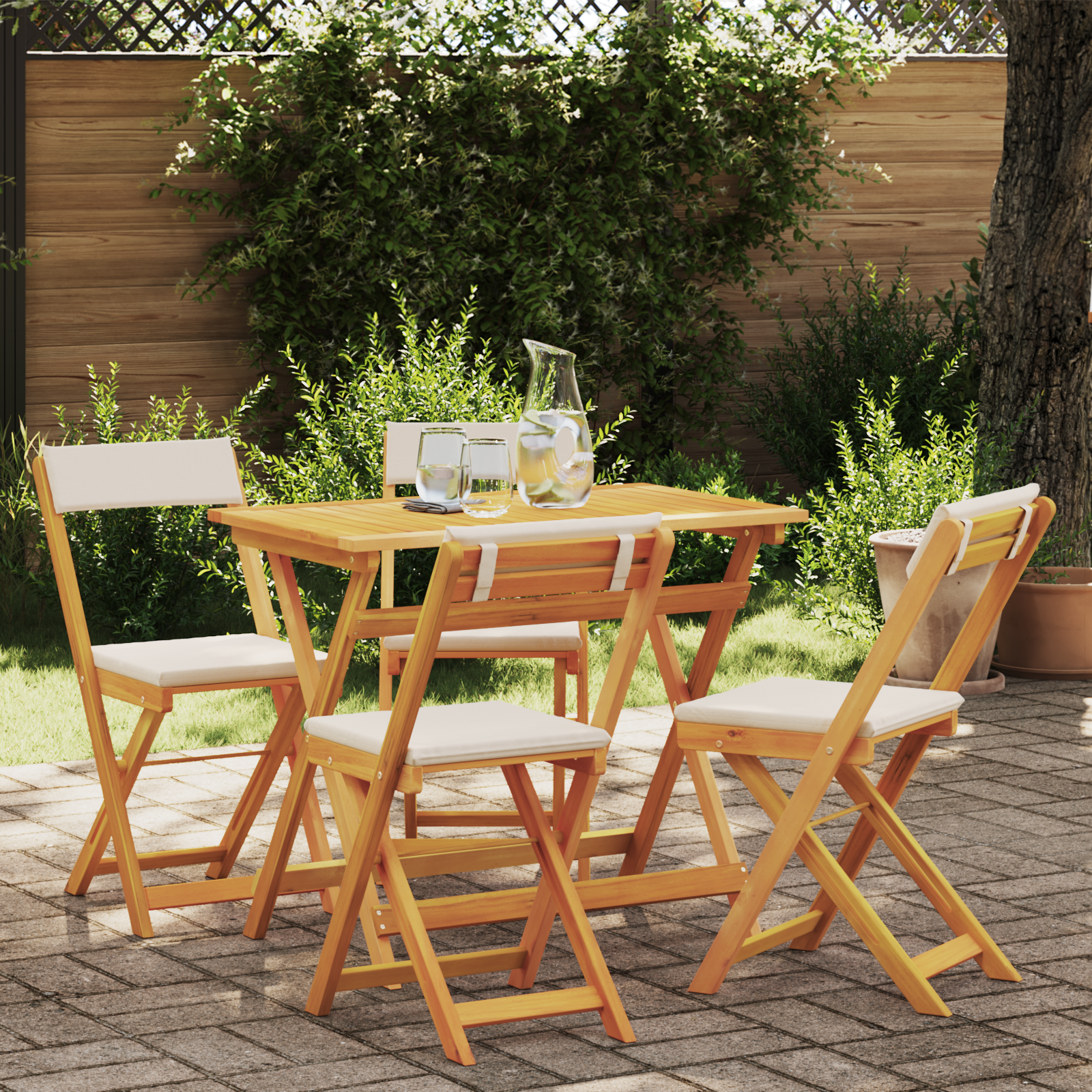 5-delige Inklapbare Bistro Set met Kussens van Massief Acaciahout