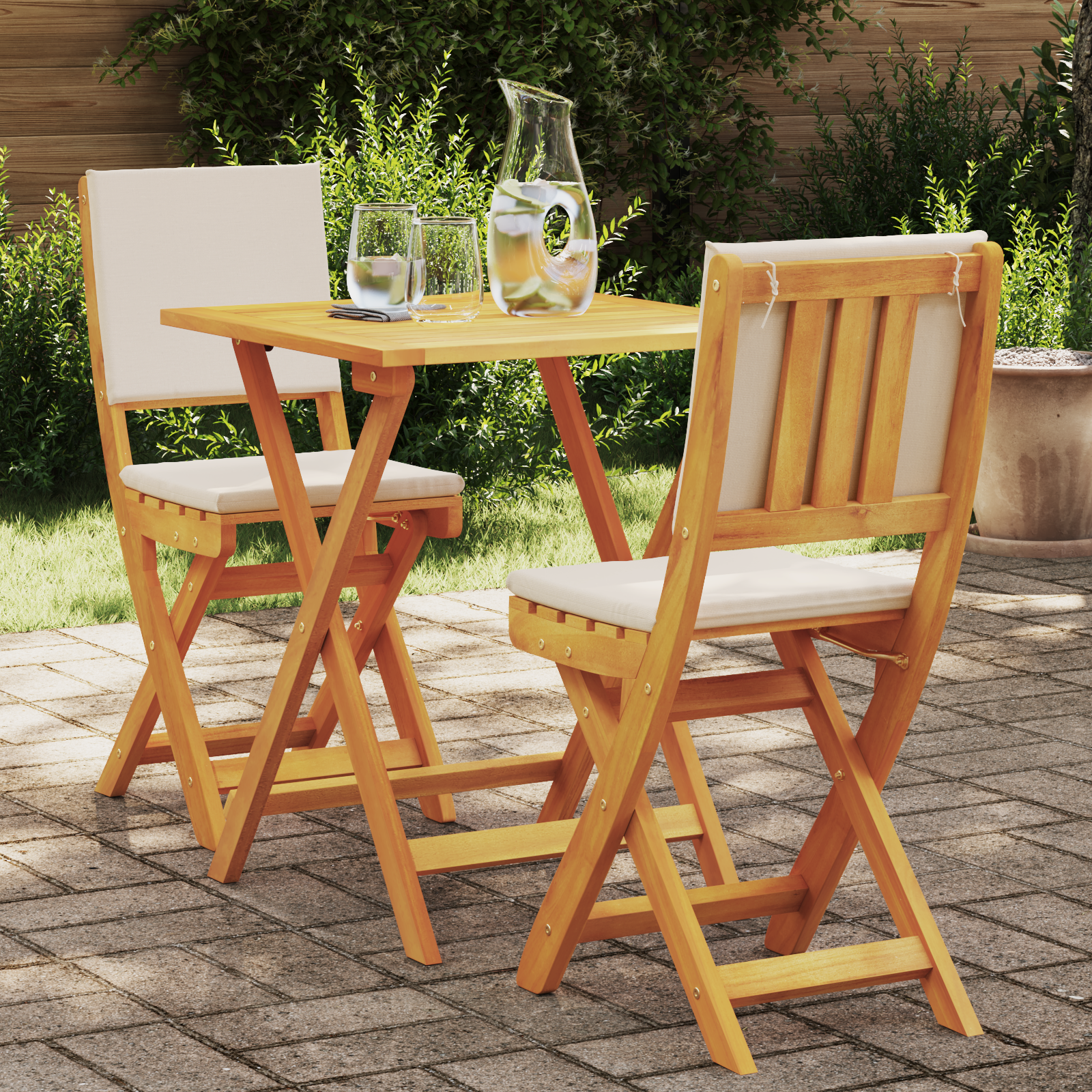3 delige Inklapbare Bistro Set met Kussens Massief Hout Acacia