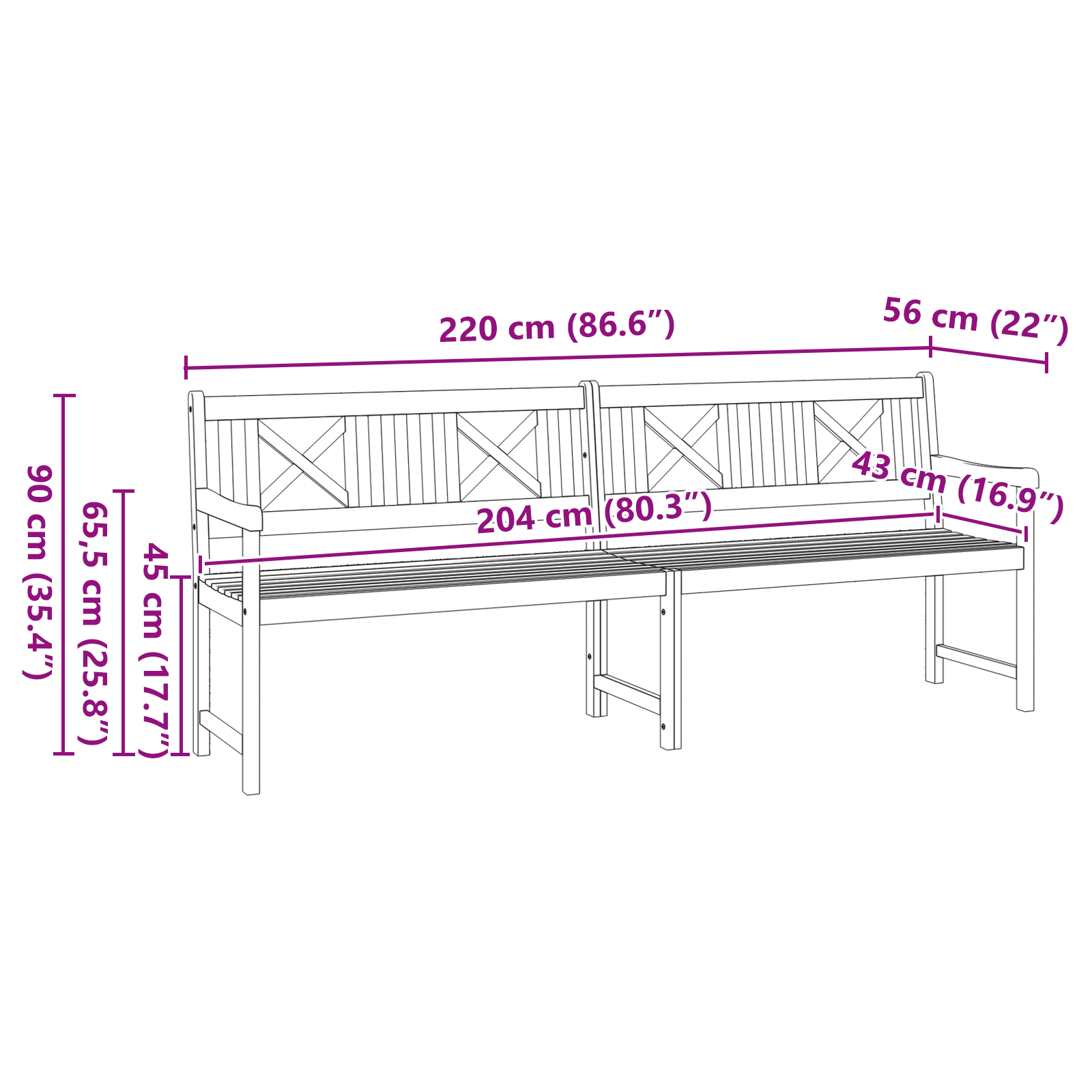 Garden Bench 220x56x90 cm Solid Wood Acacia - Image 10