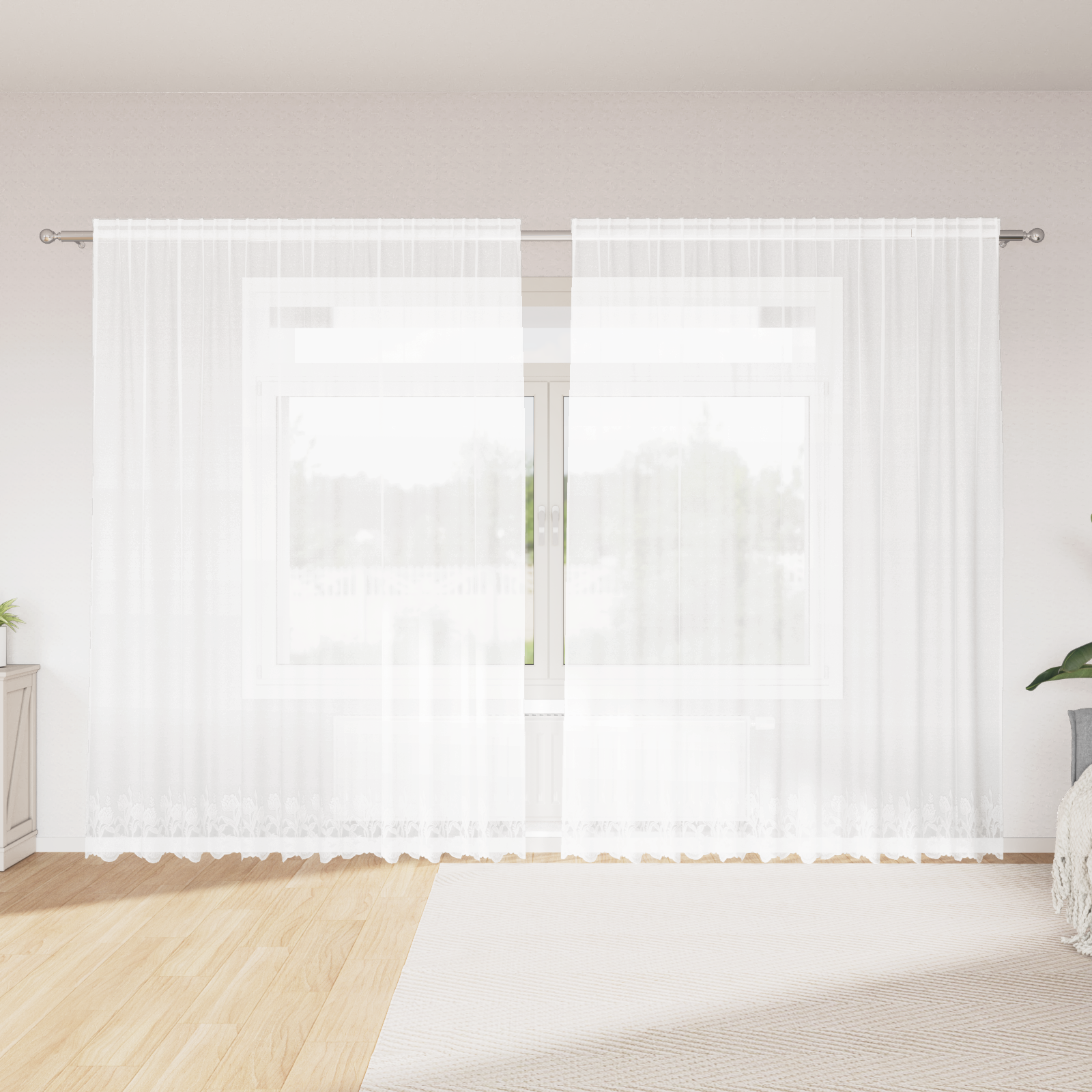 Kantgordijn met gordijnen Bloemen Wit 300 x 245 cm Polyester