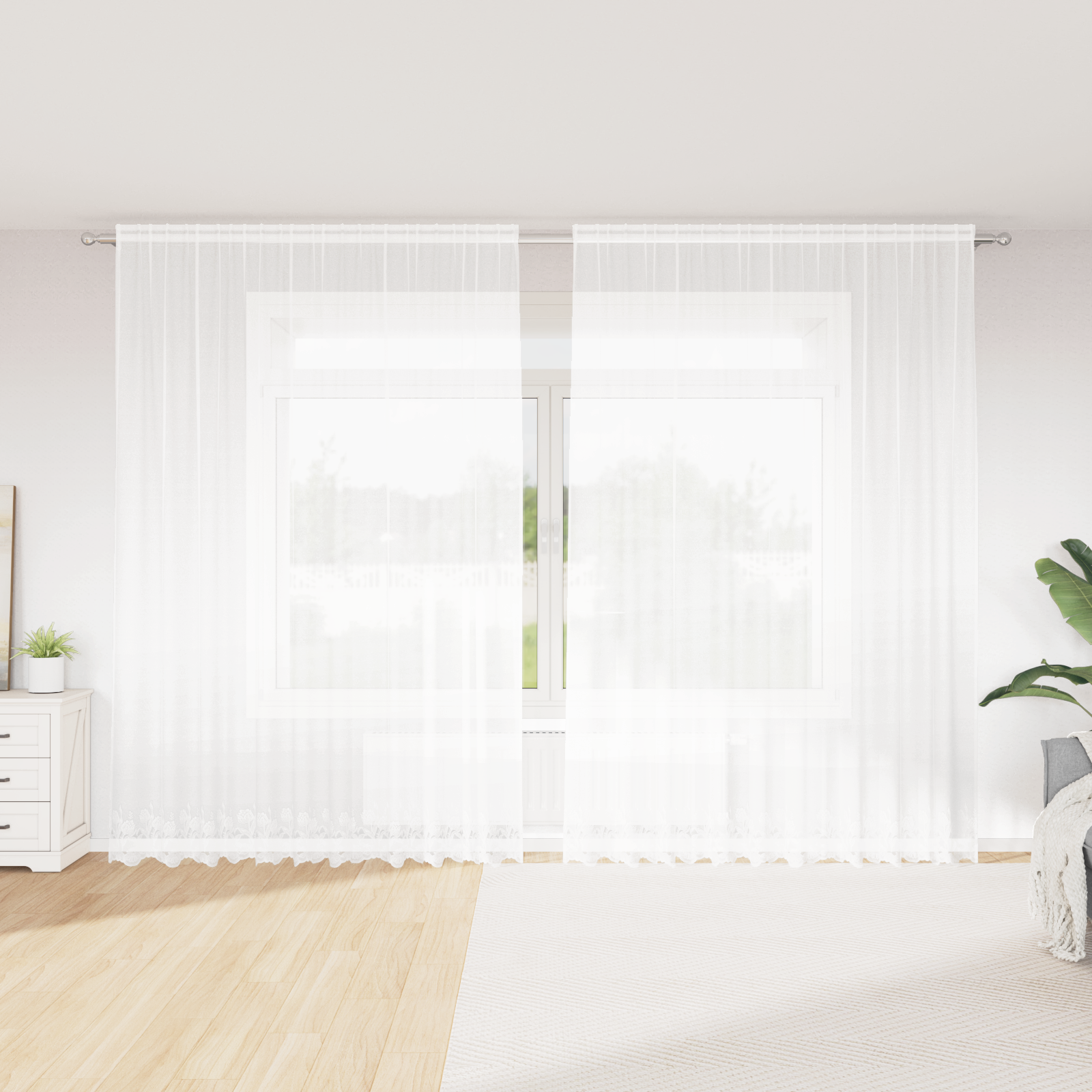 Kantgordijn met gordijnen Bloemen Wit 300 x 260 cm Polyester