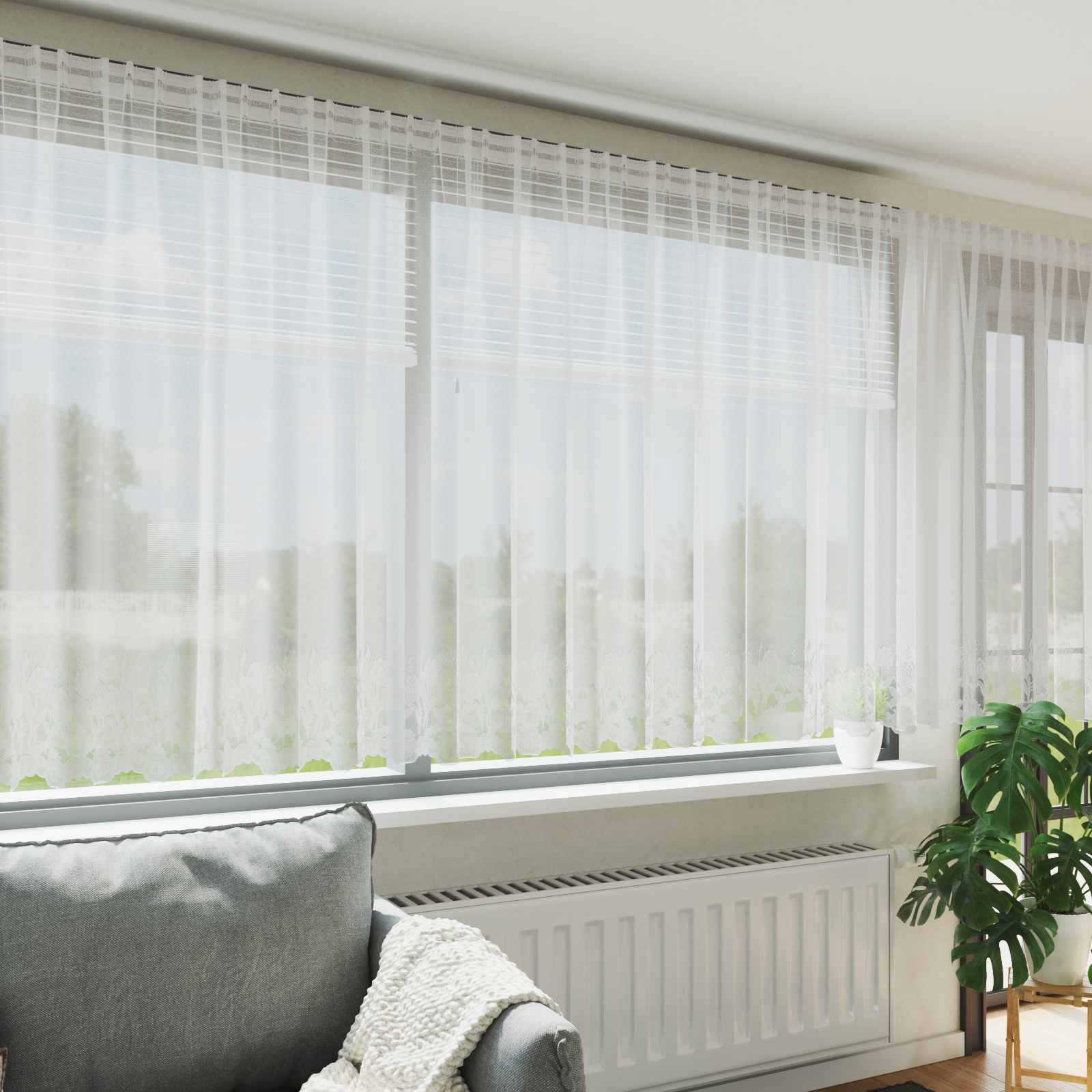 Kantgordijn met gordijnen Bloemen Wit 600 x 160 cm Polyester