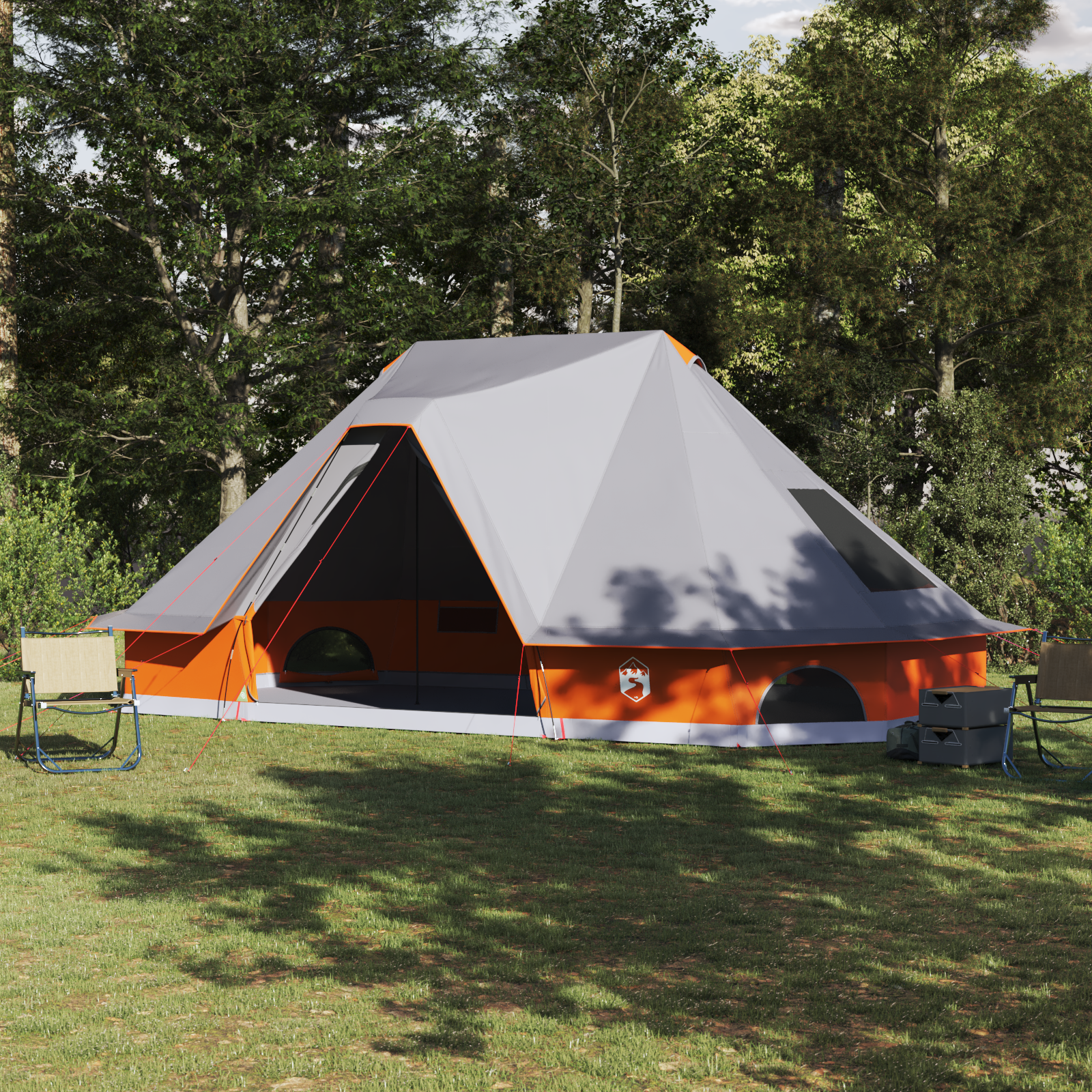 Family Tent Tipi - Grey and Orange, 10-Person, Waterproof