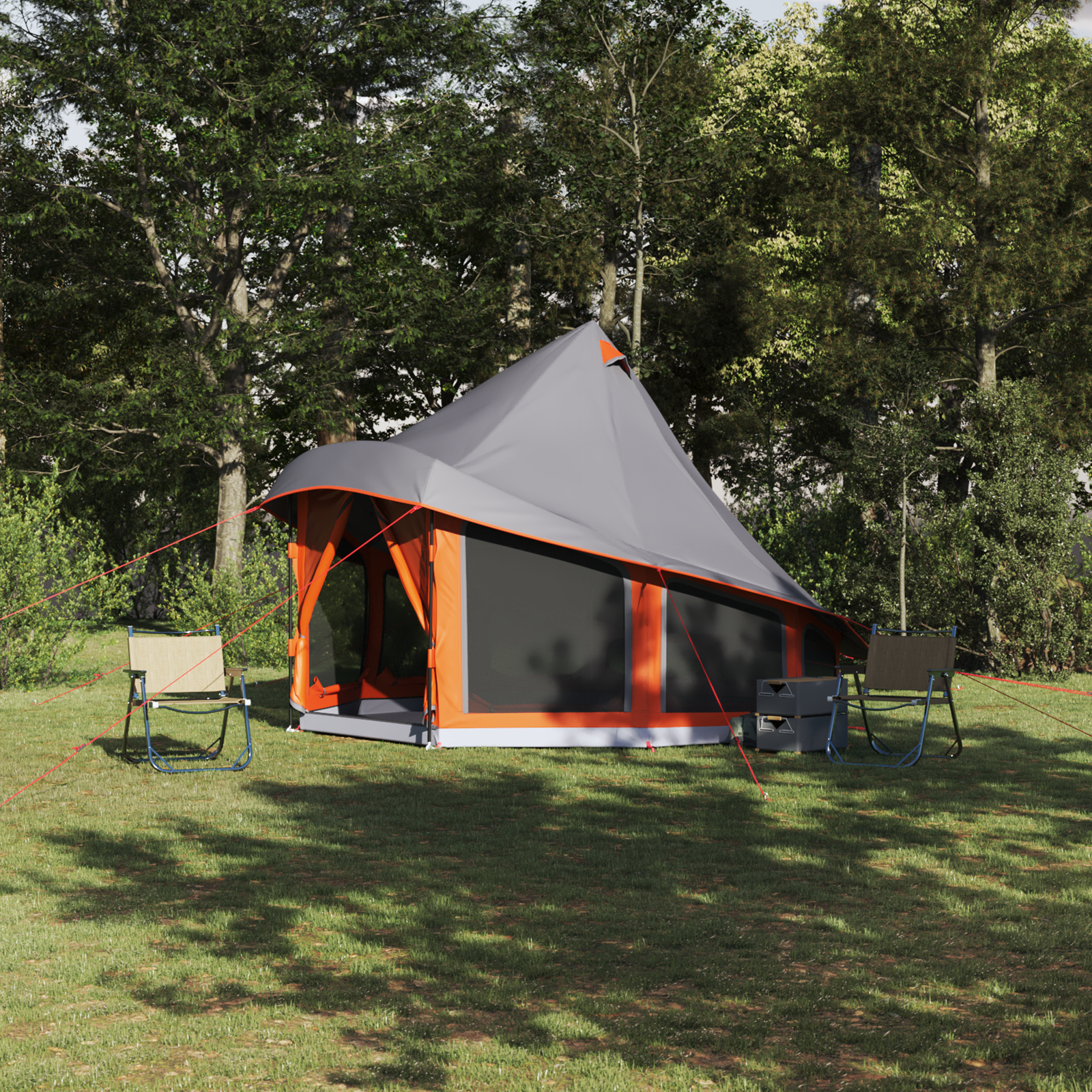 Family Tent Tipi Grey and Orange 6-Person Waterproof