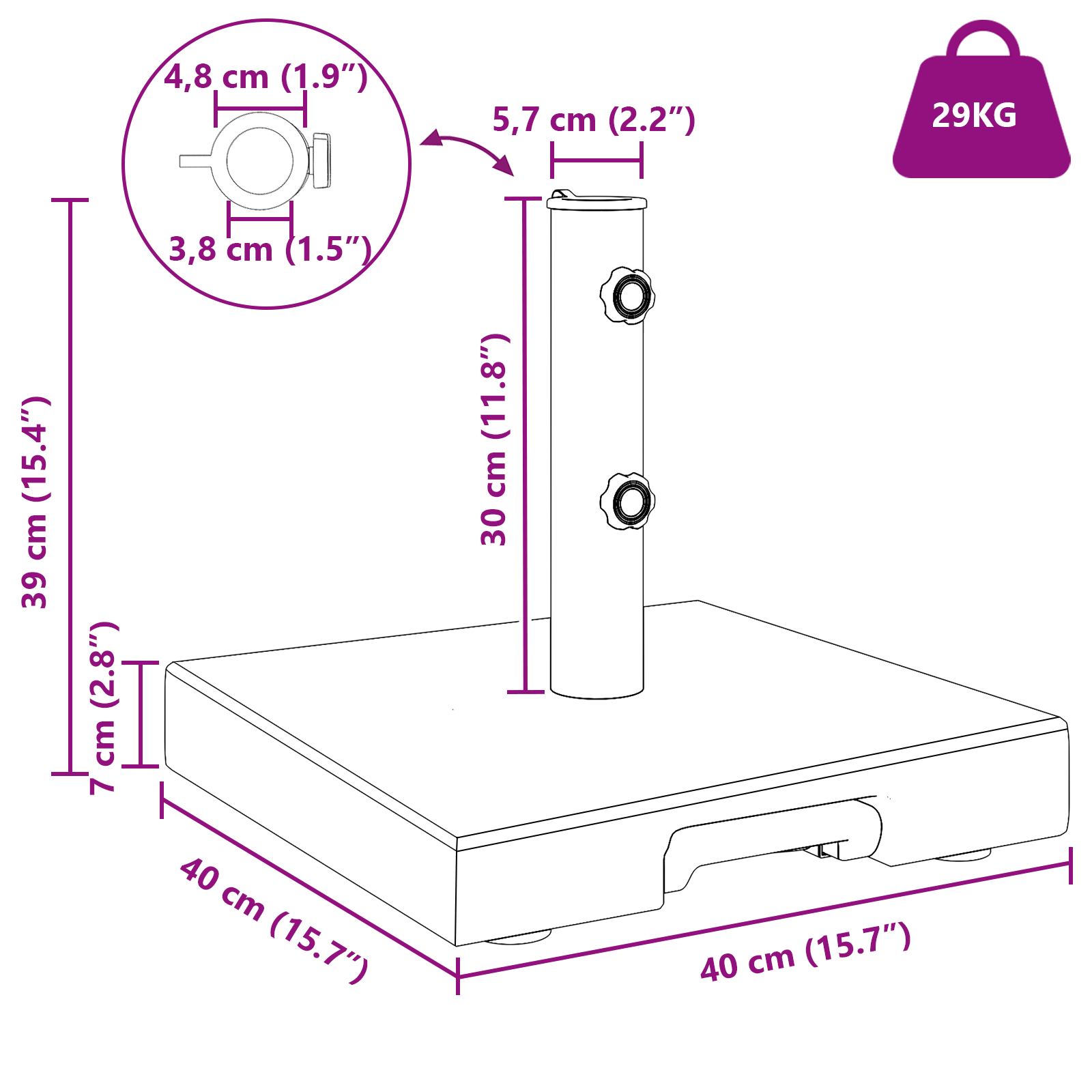 Parasolvoet met Wielen en Handvat - Zwart Graniet - 29 kg - Vierkant image 12