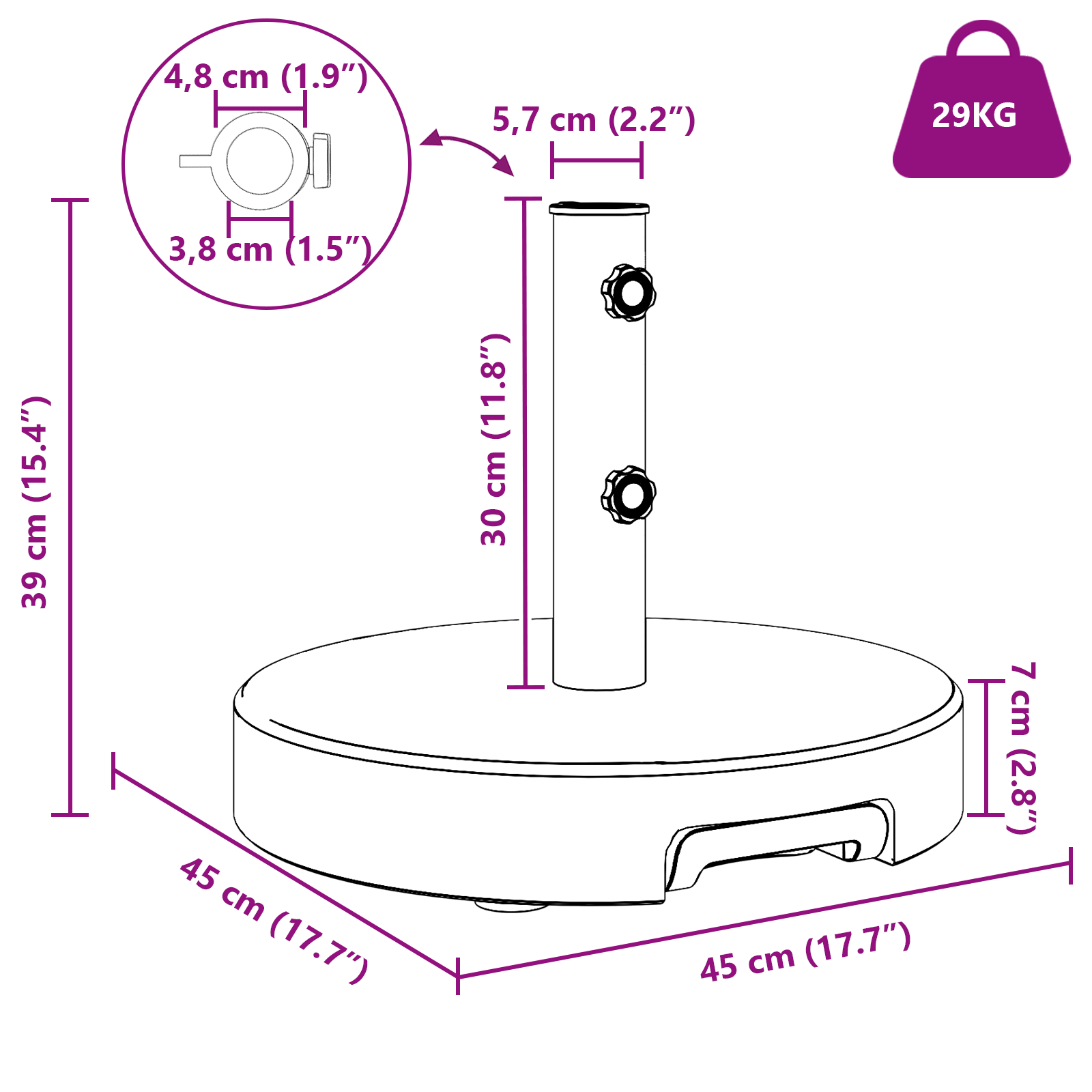 Parasolvoet met Wielen en Handvat - Zwart Graniet, 29 kg Rond image 12