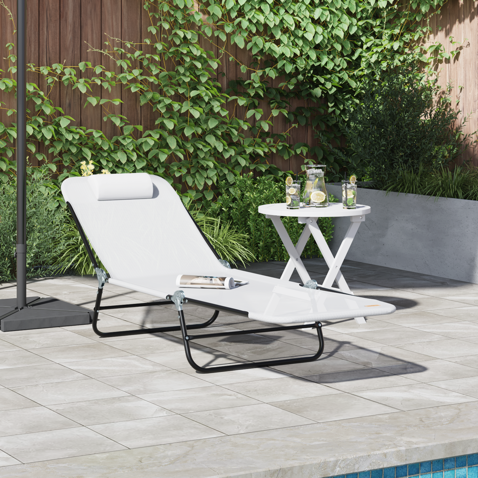 Folding Sun Lounger with Headrest Cream Textilene
