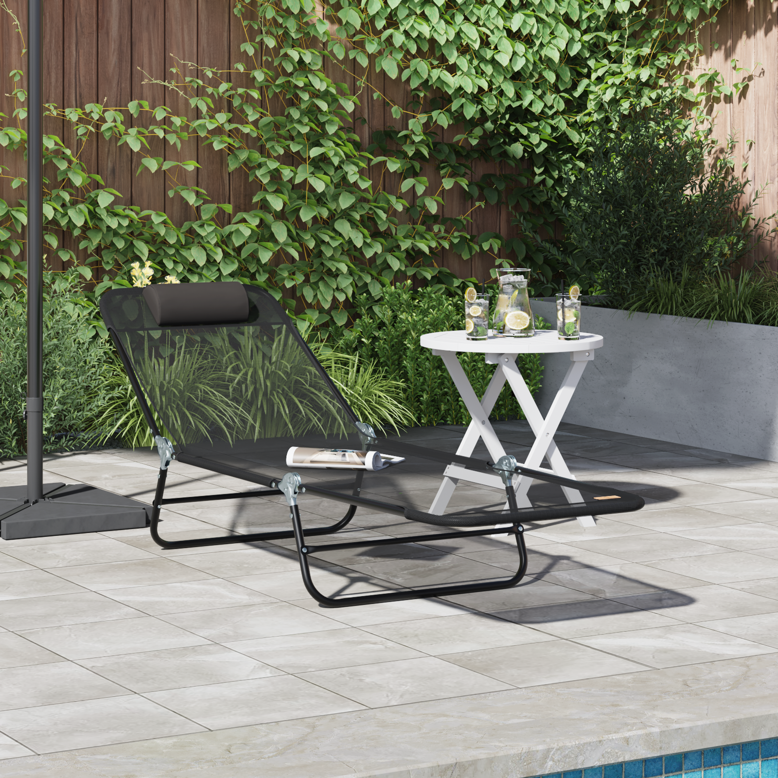 Folding Sun Lounger with Headrest Black Textilene